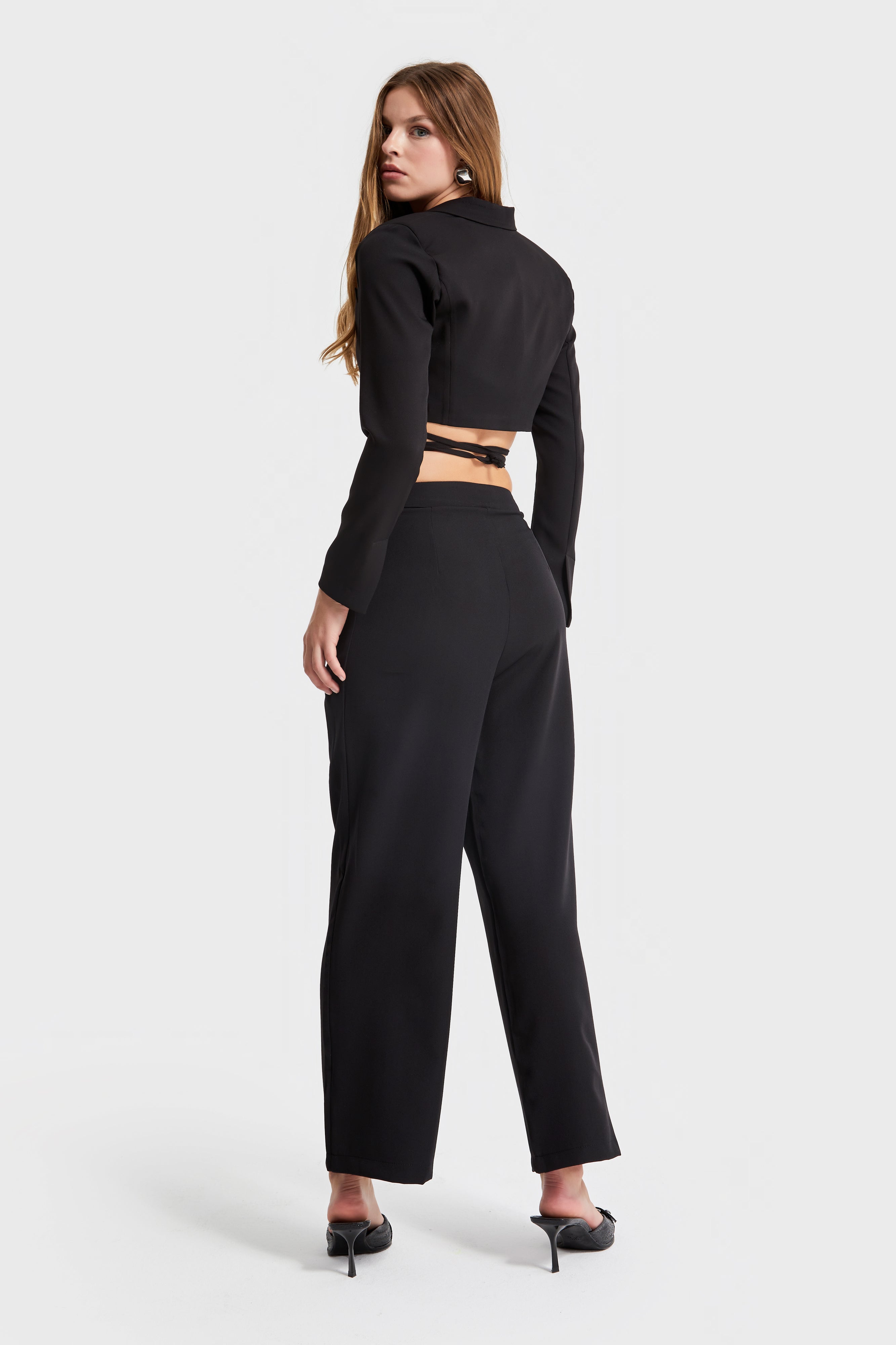 Women's Black Color Front Pleated Relax Fit Fabric Trousers