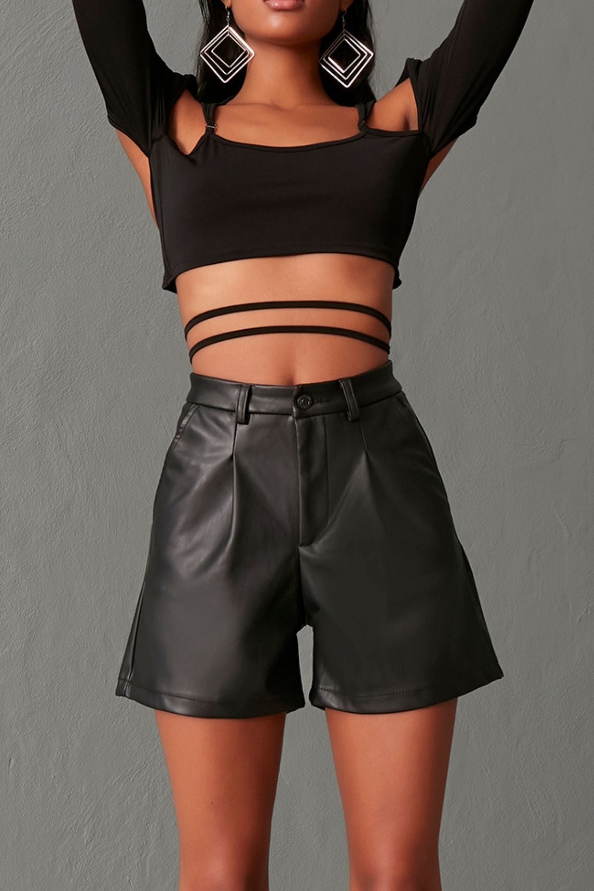 Women's Black Color Front Pleated High Waist Velvet Leather Shorts