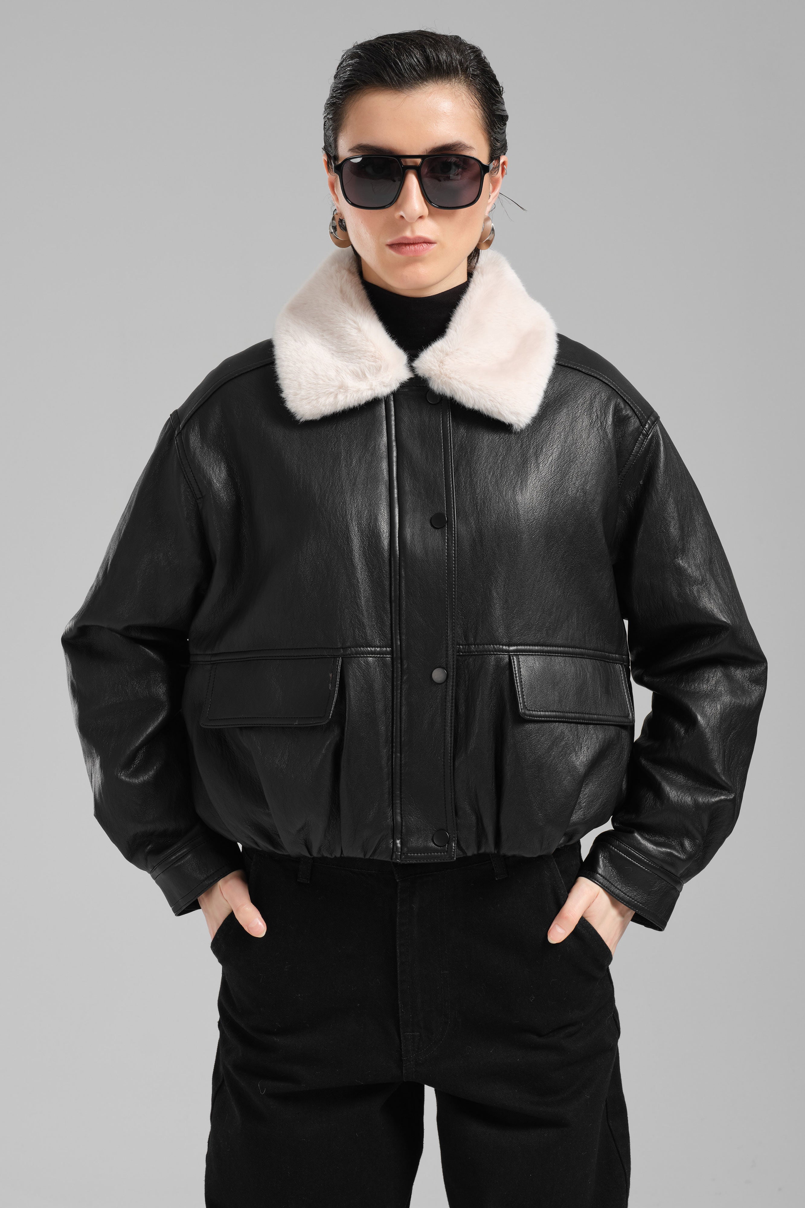 Women's Black Color Oversize Plush Collar Faux Leather Jacket Coat