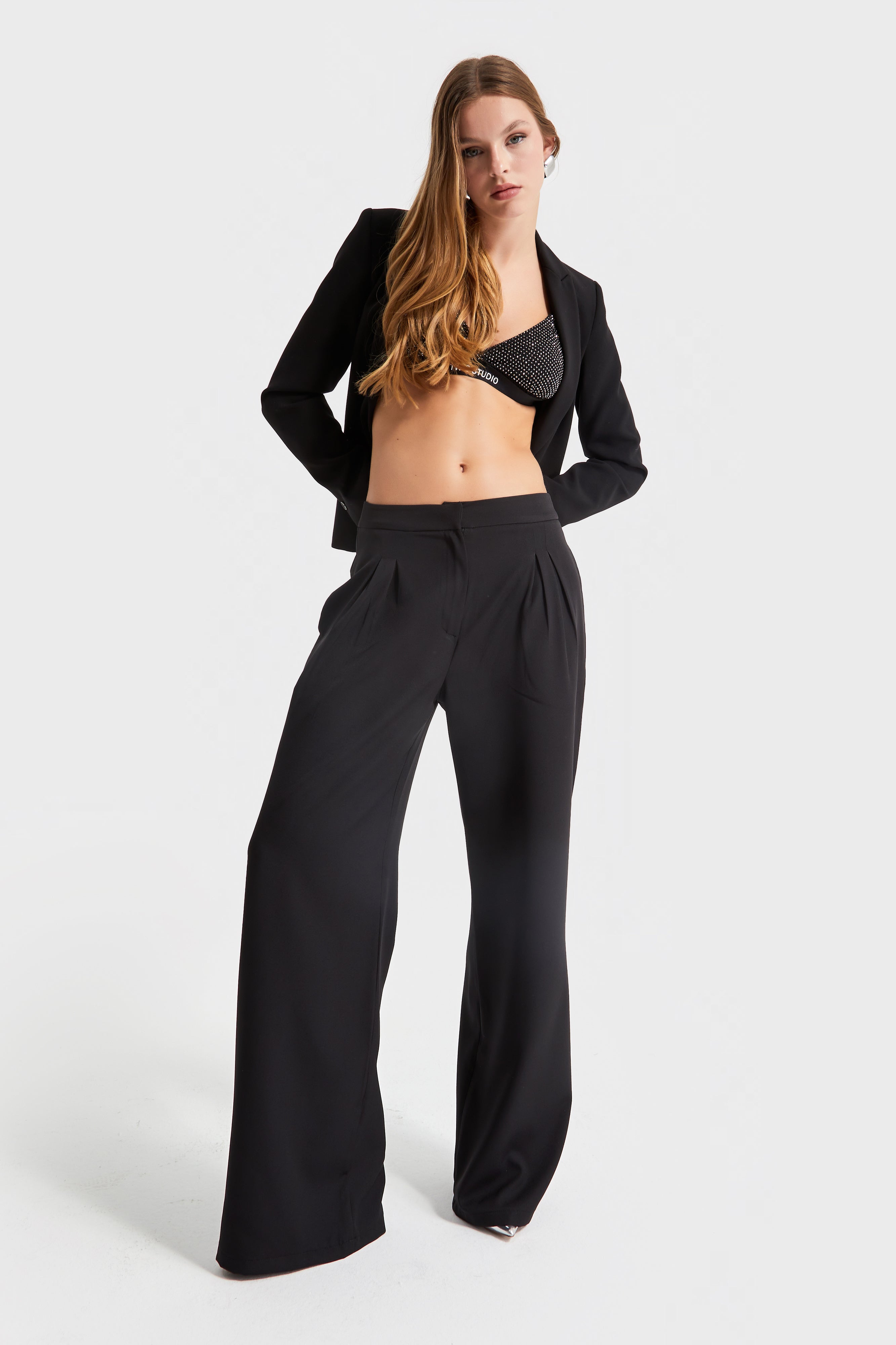 Women's Black Color Palazzo Fit Fabric Trousers