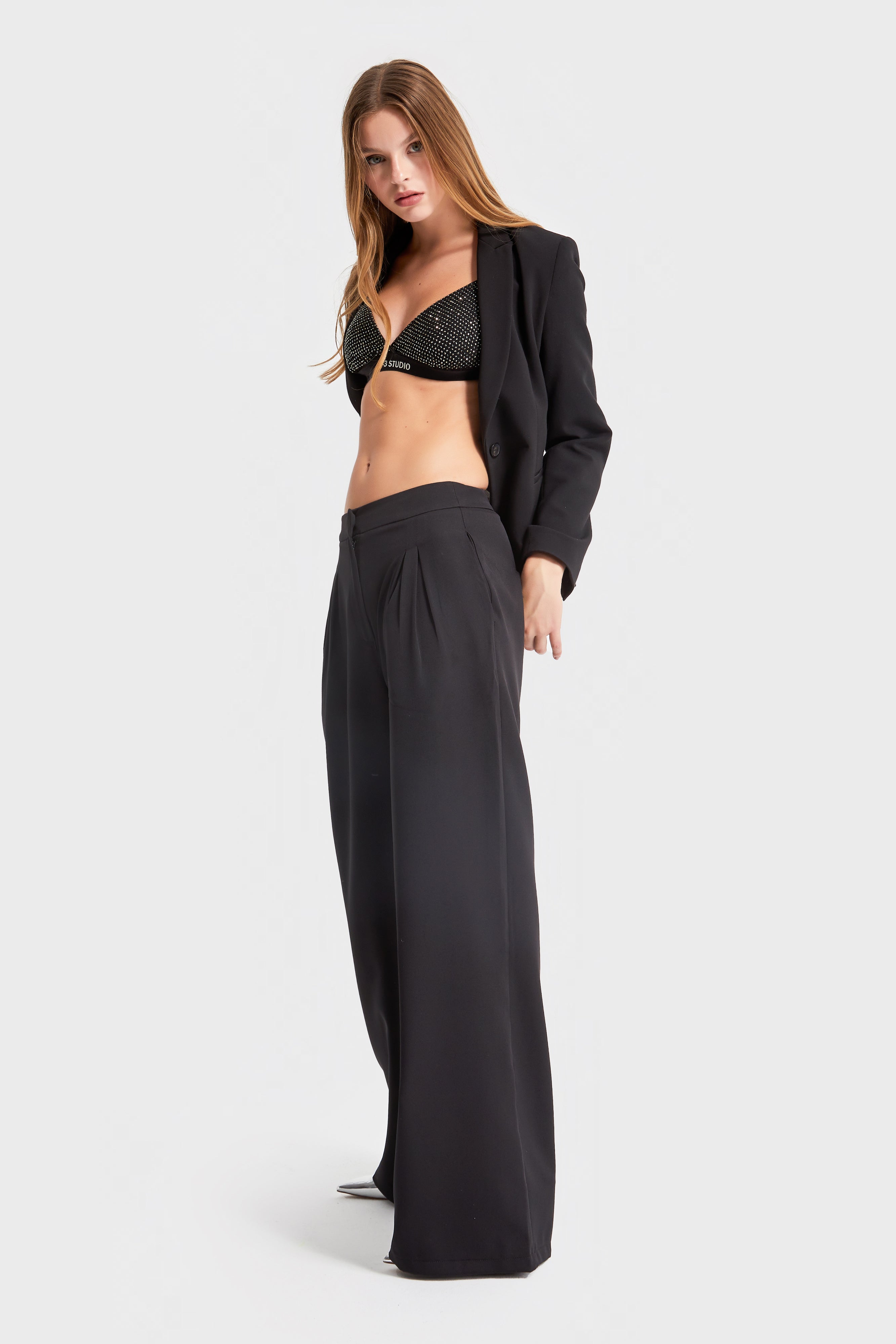 Women's Black Color Palazzo Fit Fabric Trousers