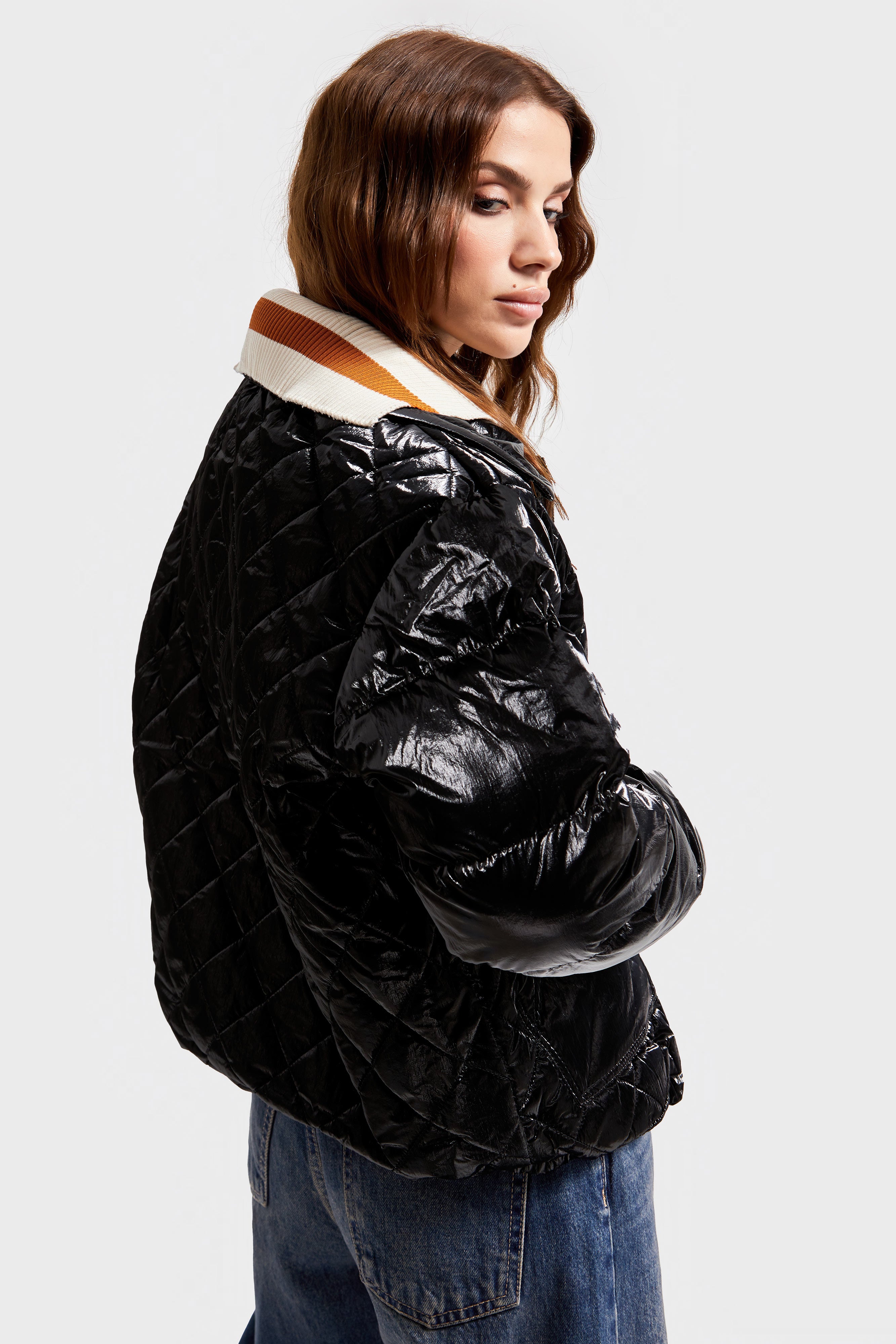 Women's Black Color Shiny Fabric Collar Detailed Jacket Coat