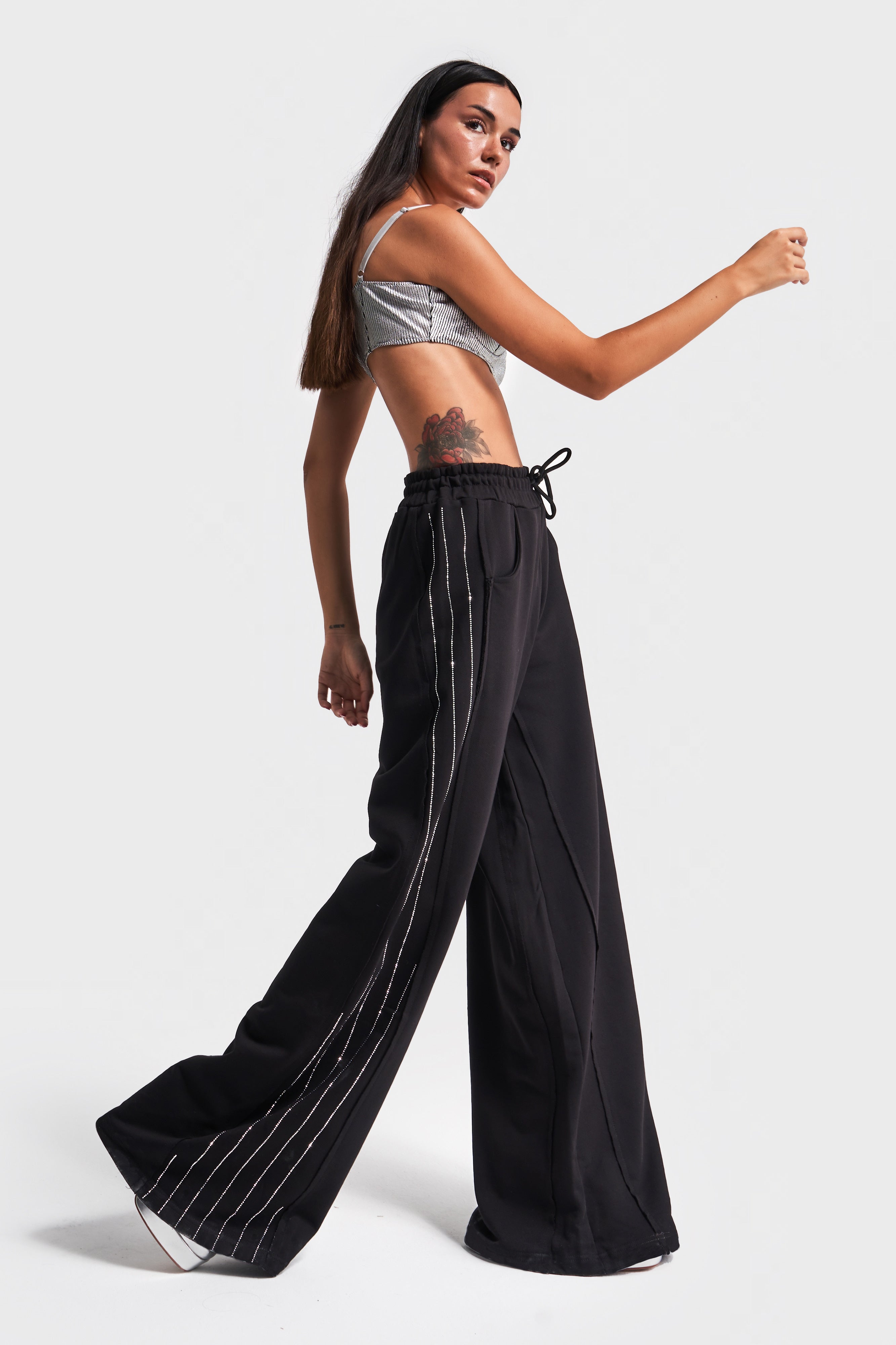 Women's Black Color Shiny Stone Palazzo Fit Design Knitted Trousers