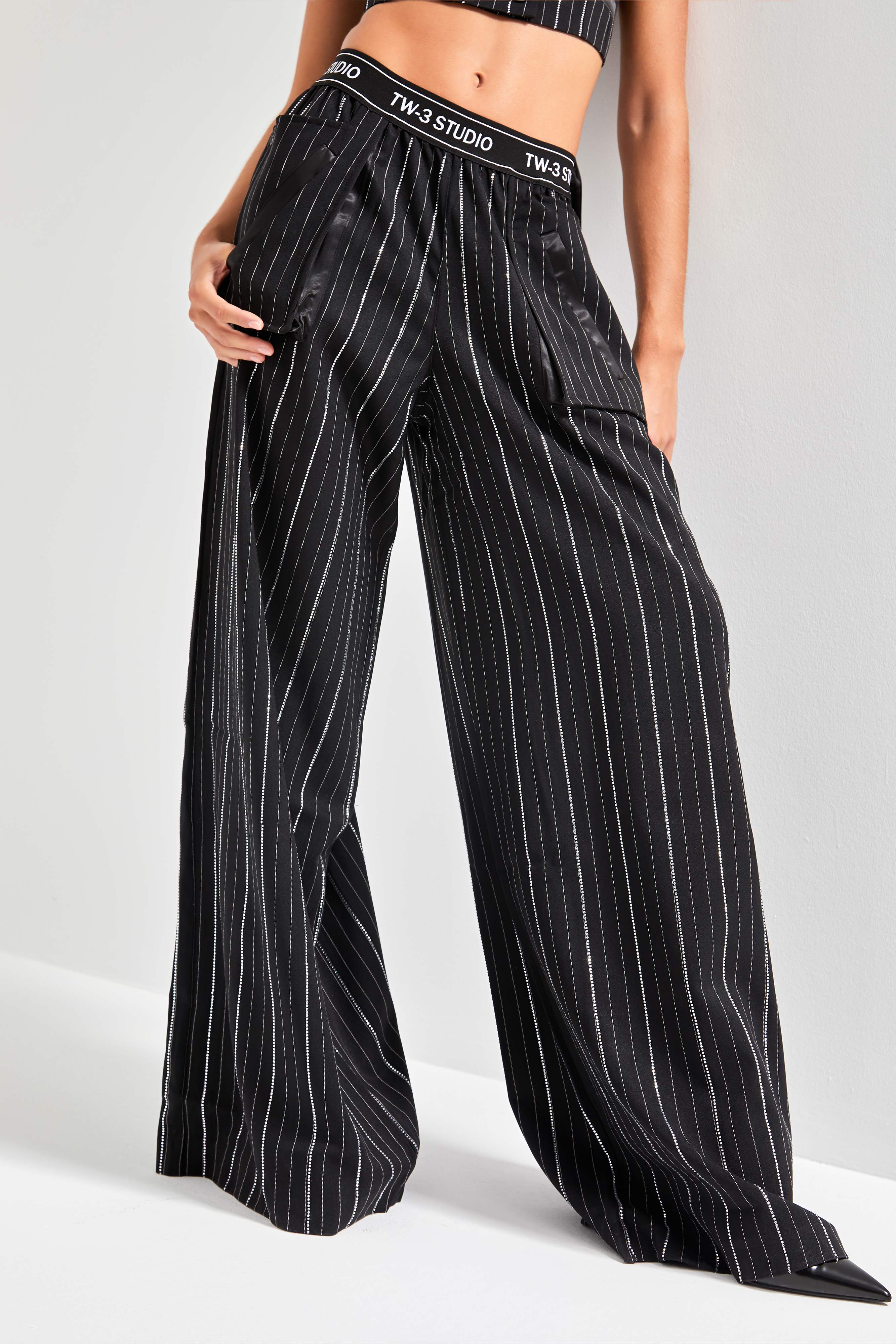 Women's Black Color Shiny Stone Palazzo Fit Design Trousers