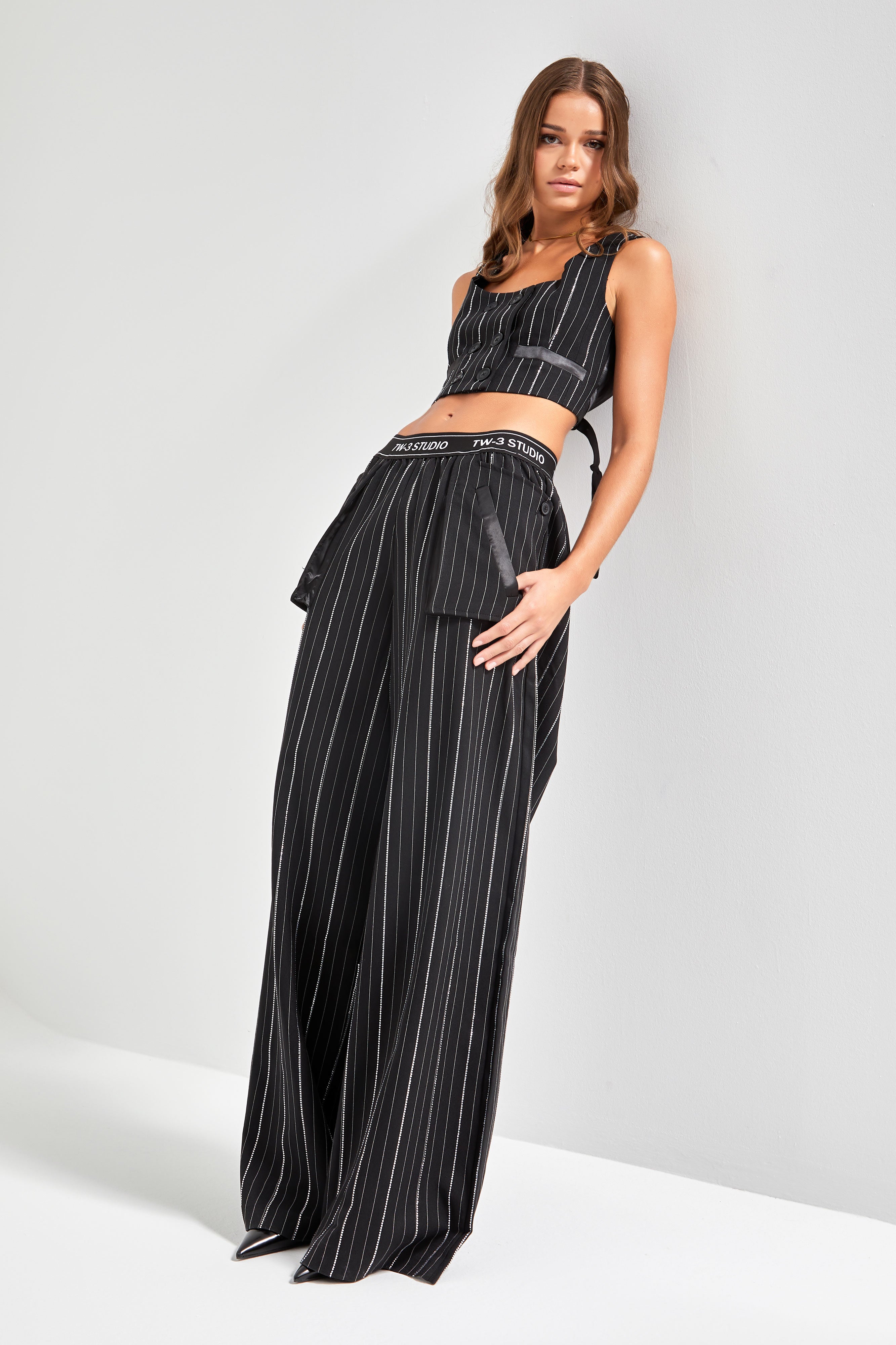 Women's Black Color Shiny Stone Palazzo Fit Design Trousers