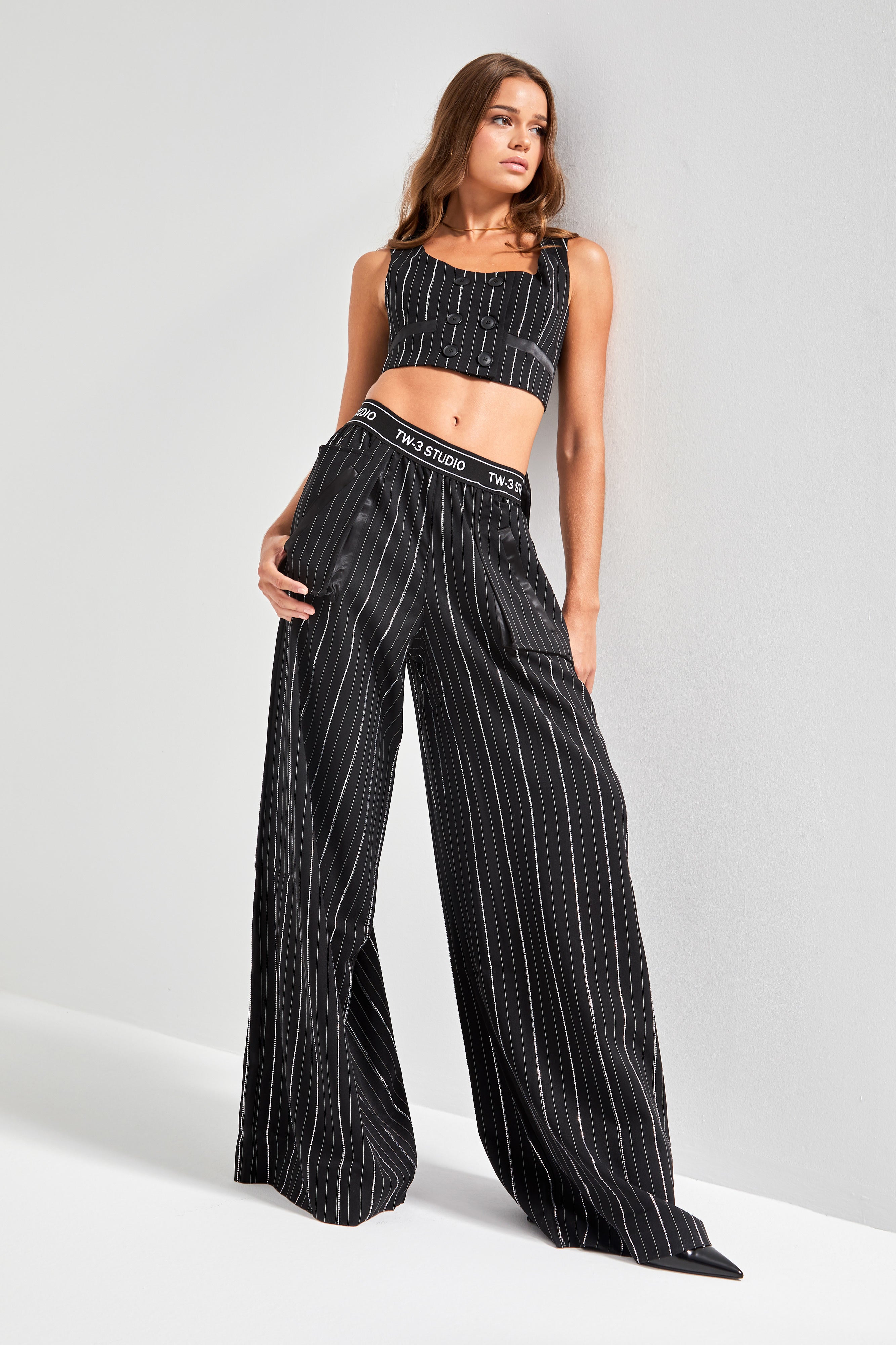 Women's Black Color Shiny Stone Palazzo Fit Design Trousers