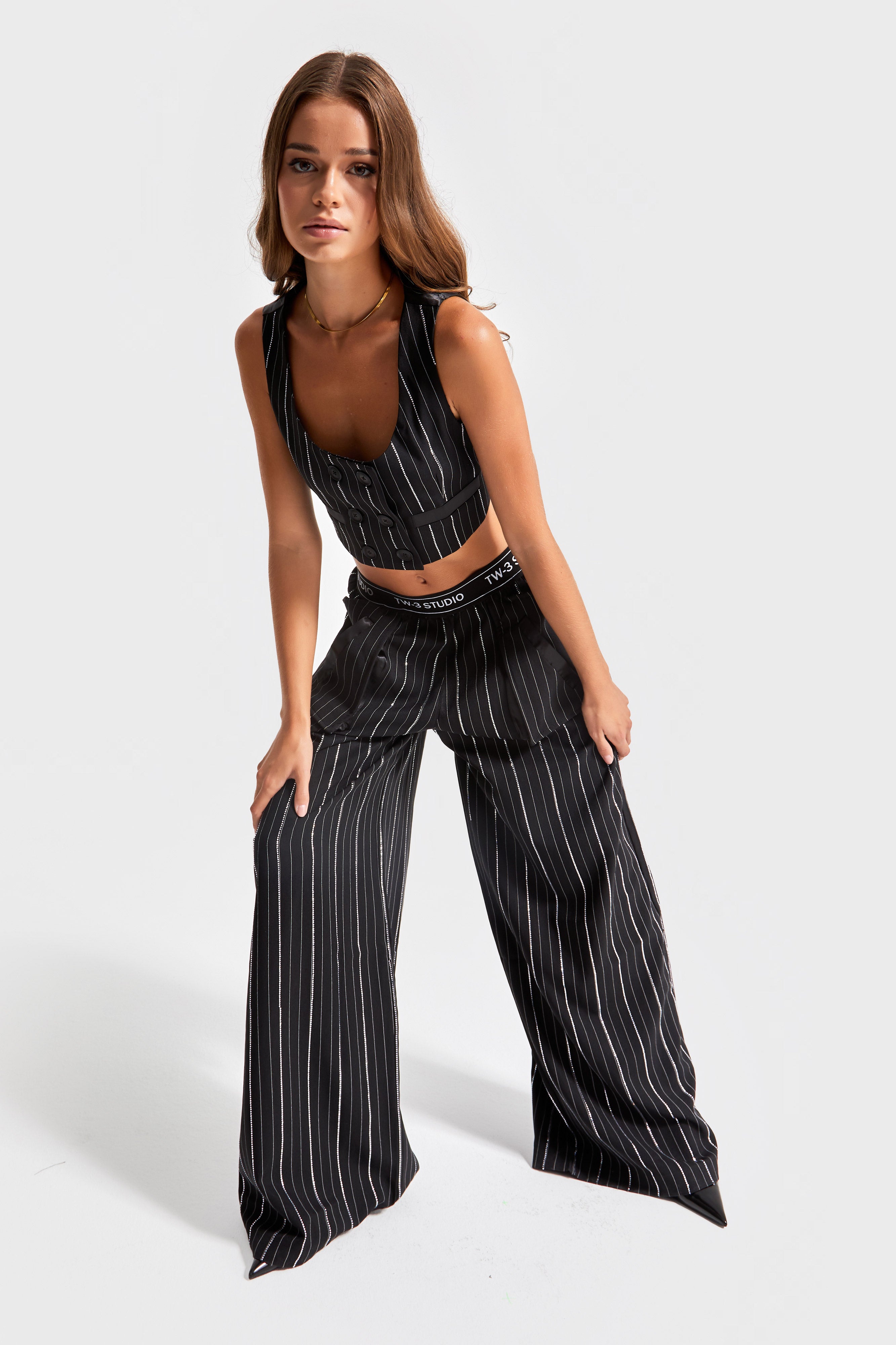 Women's Black Color Shiny Stone Palazzo Fit Design Trousers