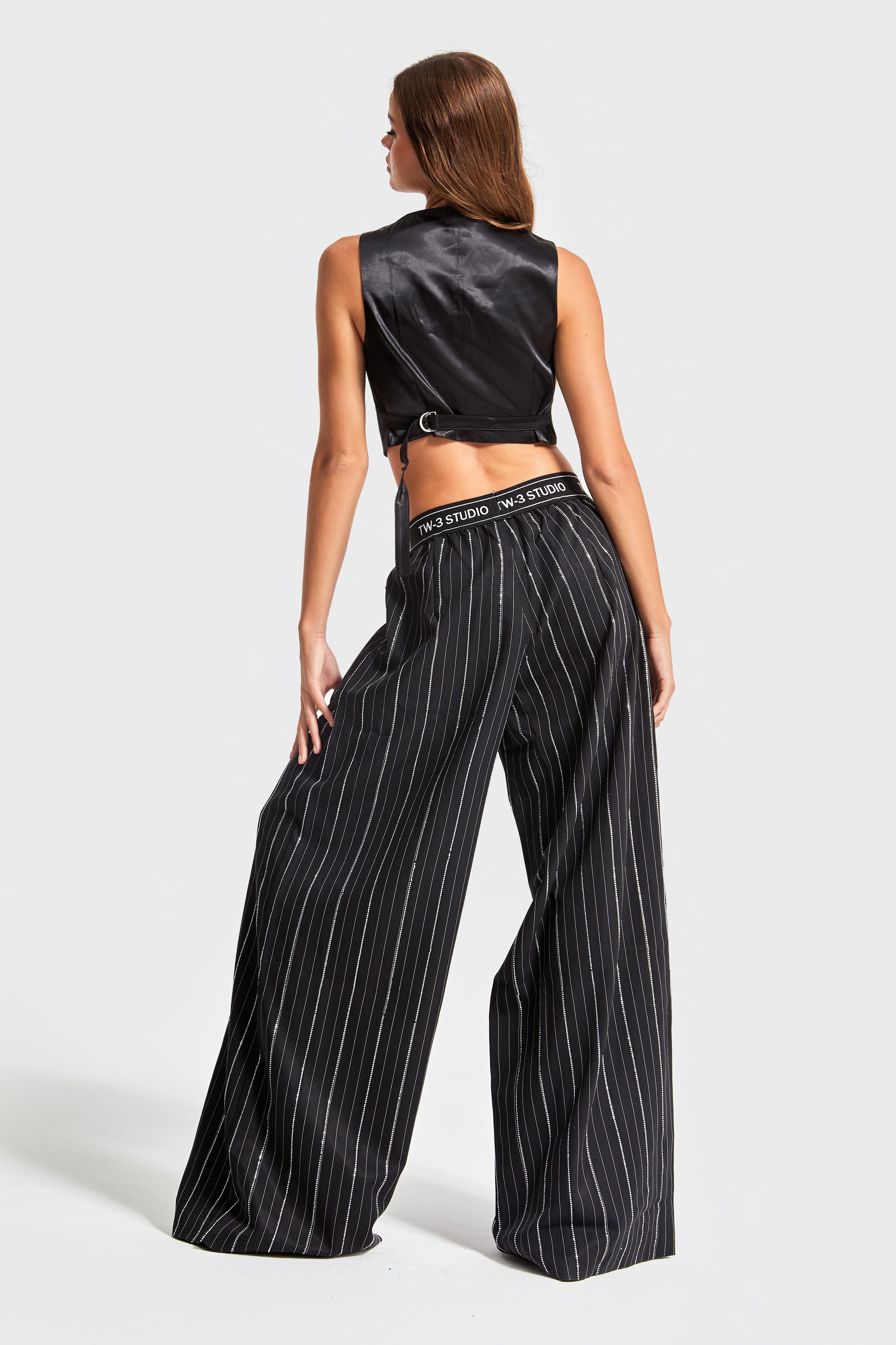 Women's Black Color Shiny Stone Palazzo Fit Design Trousers