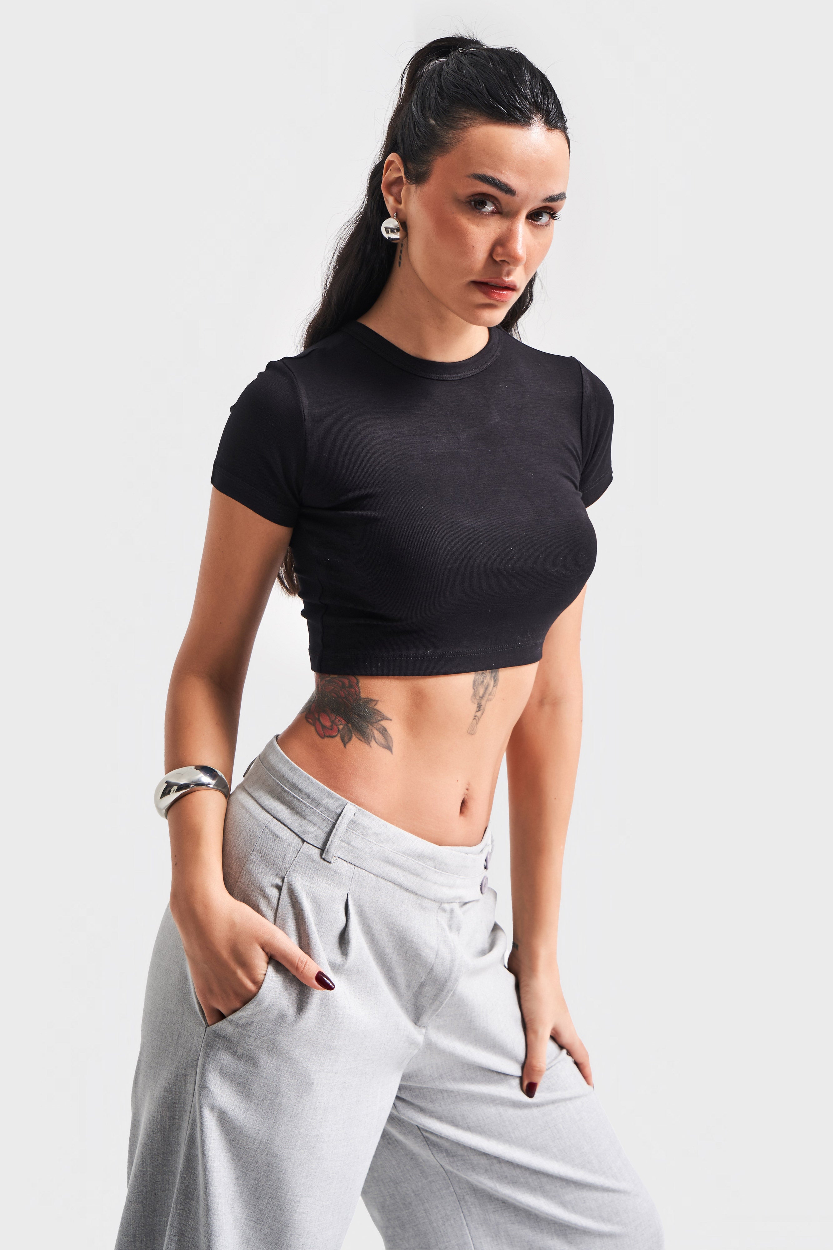 Kadın Siyah Renk S5 Süper Esnek Kumaş Crop Fit Top