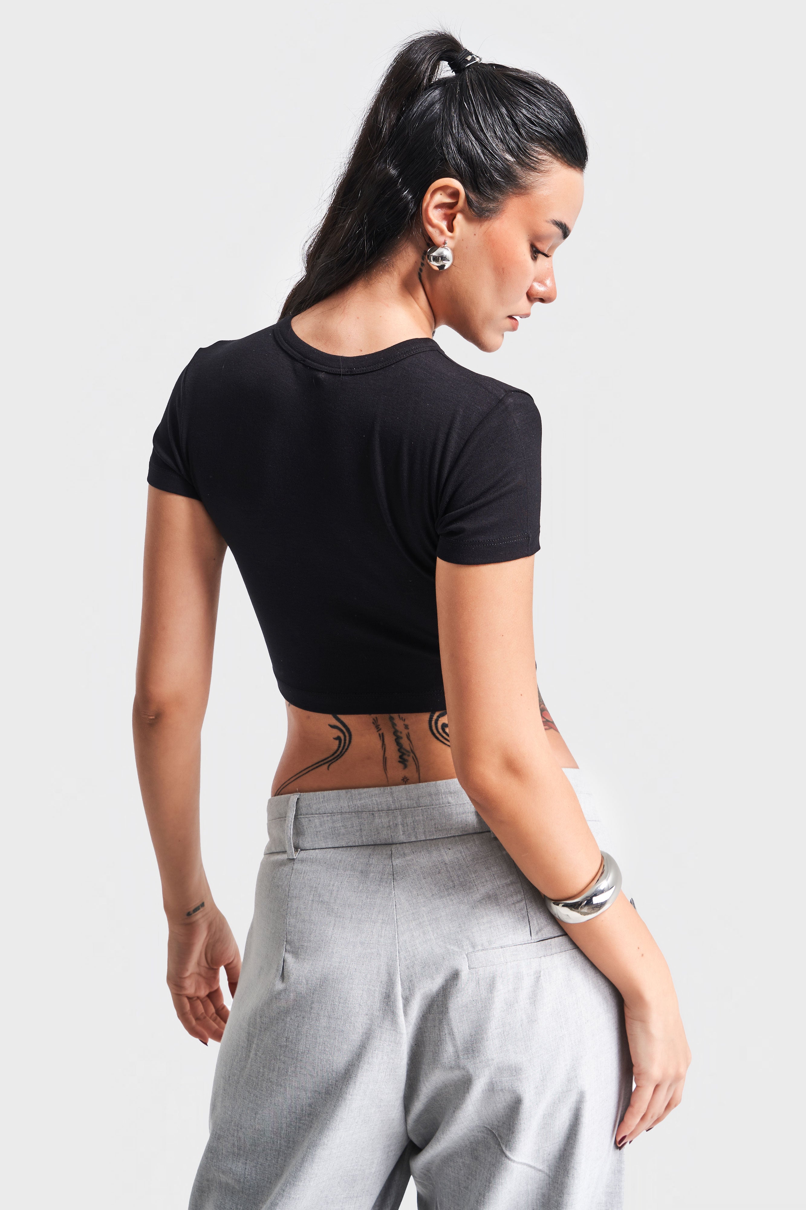 Kadın Siyah Renk S5 Süper Esnek Kumaş Crop Fit Top