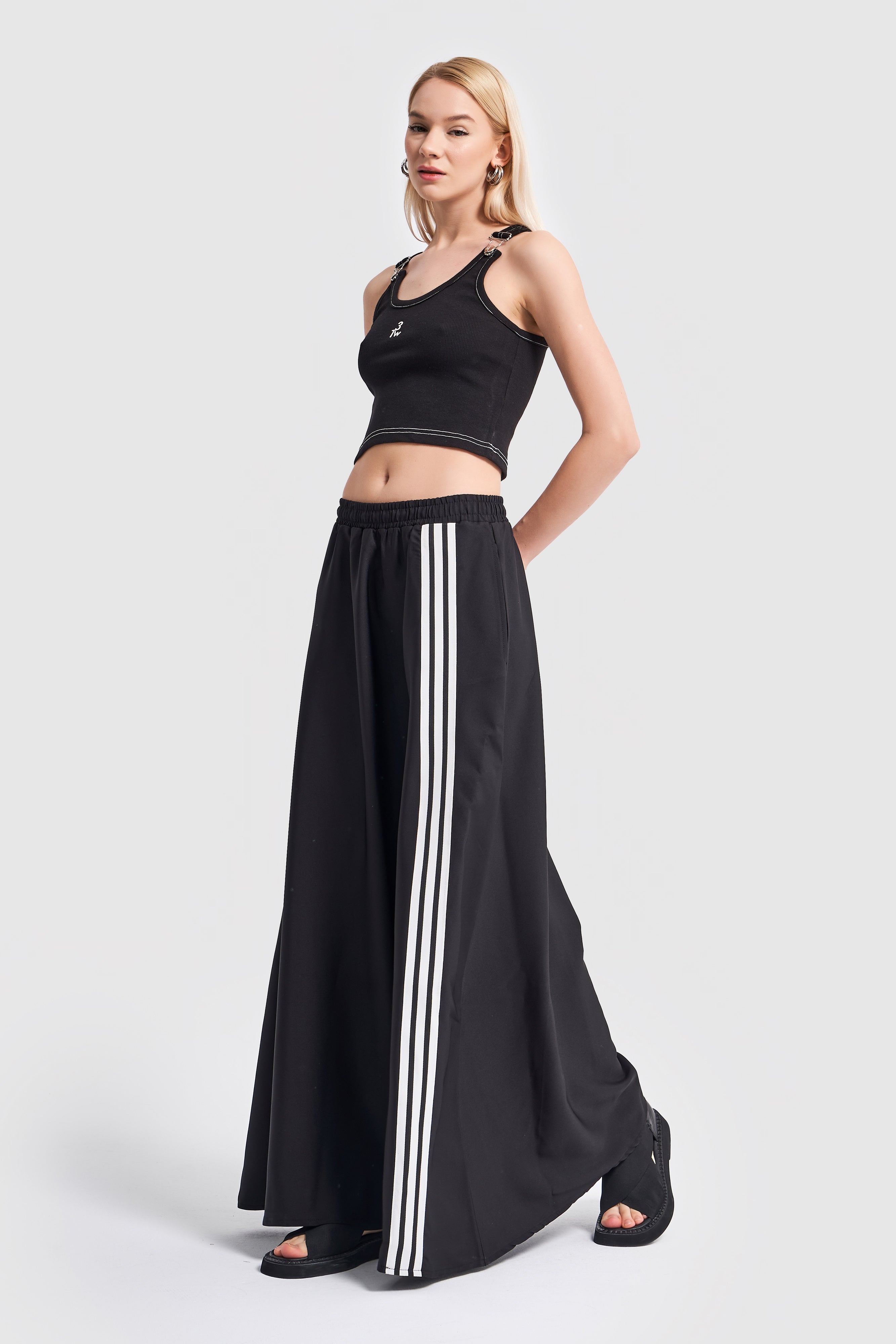 Women's Black Color Stripe Detailed Maxi Length Design Skirt