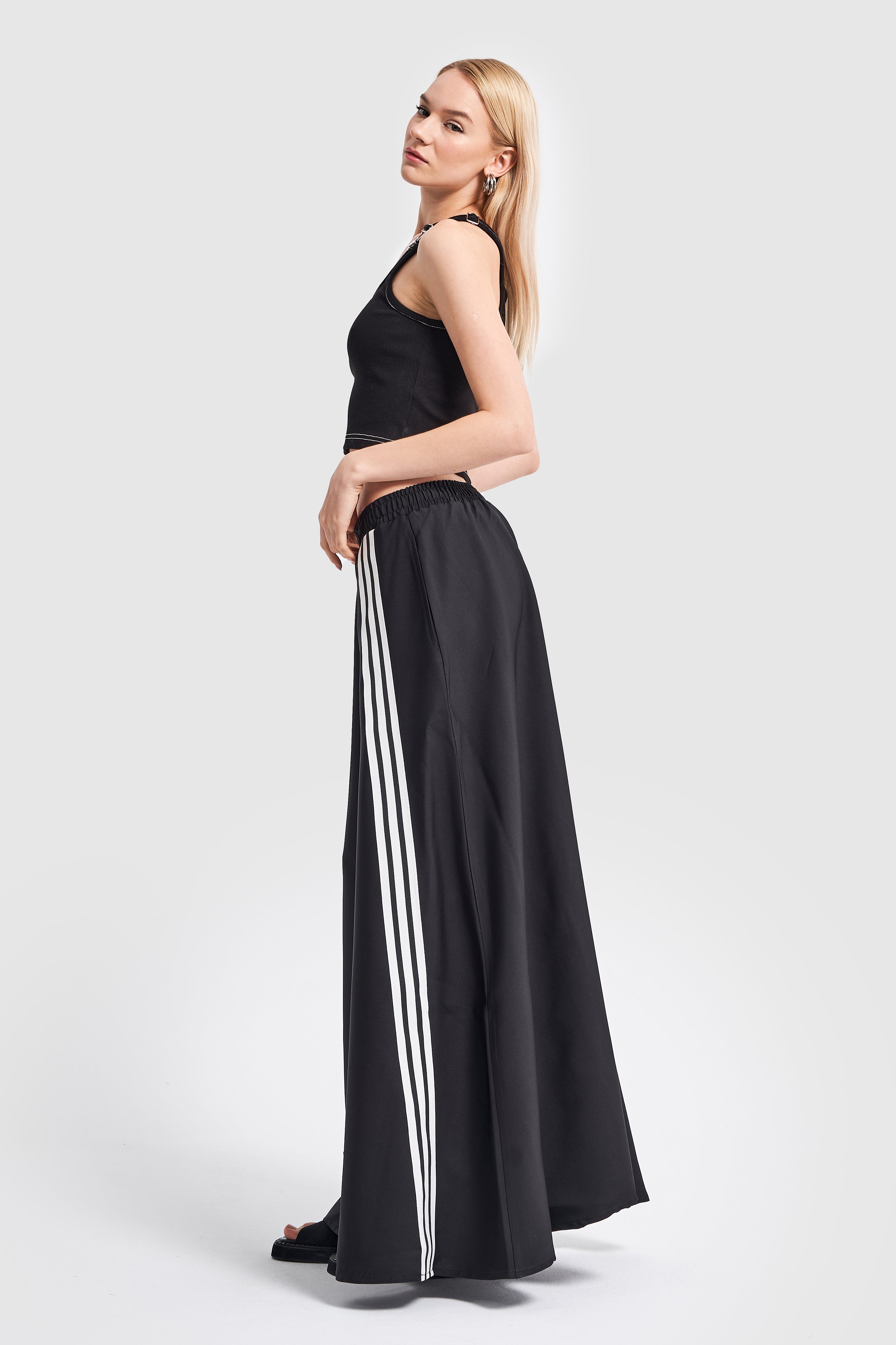 Women's Black Color Stripe Detailed Maxi Length Design Skirt