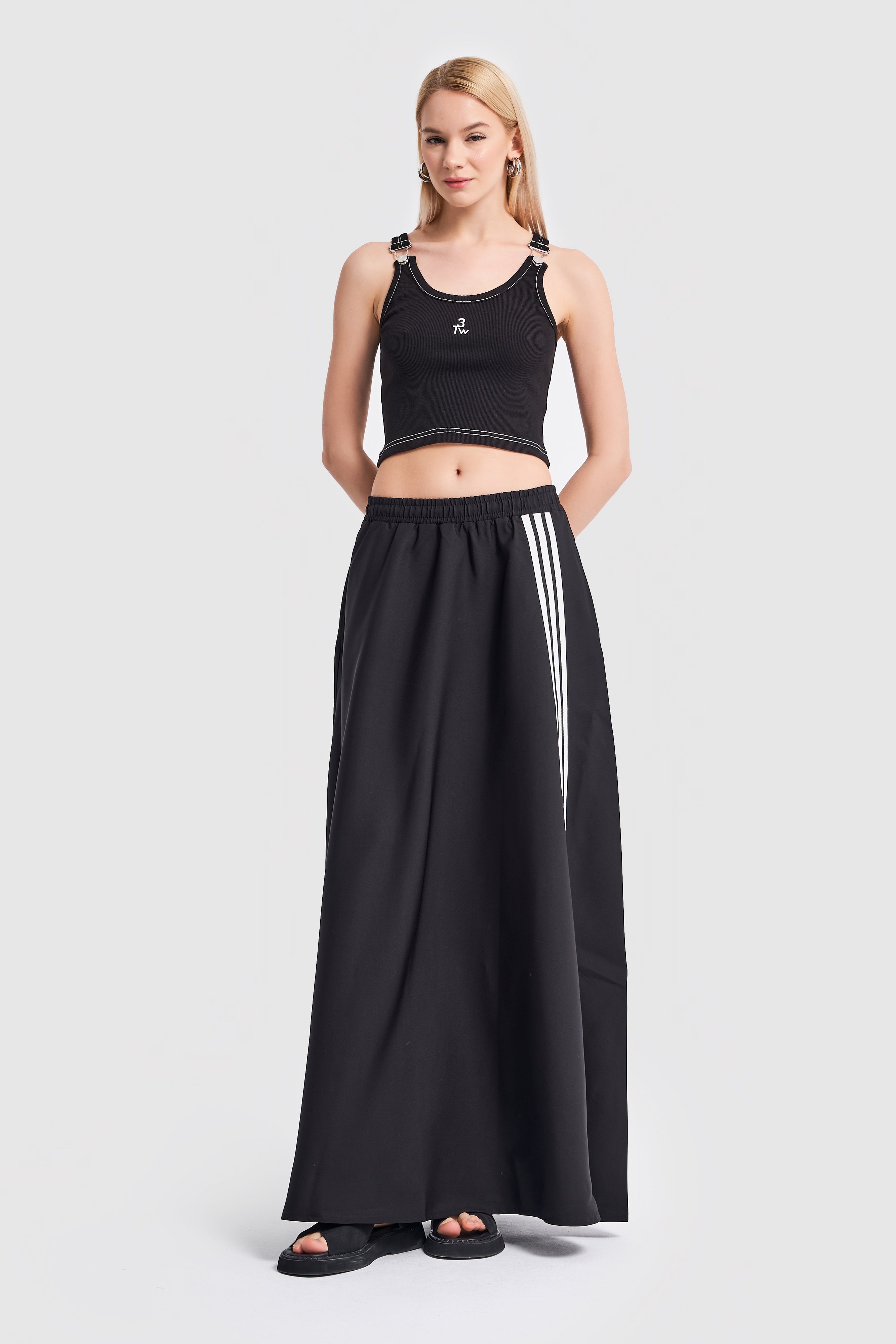 Women's Black Color Stripe Detailed Maxi Length Design Skirt