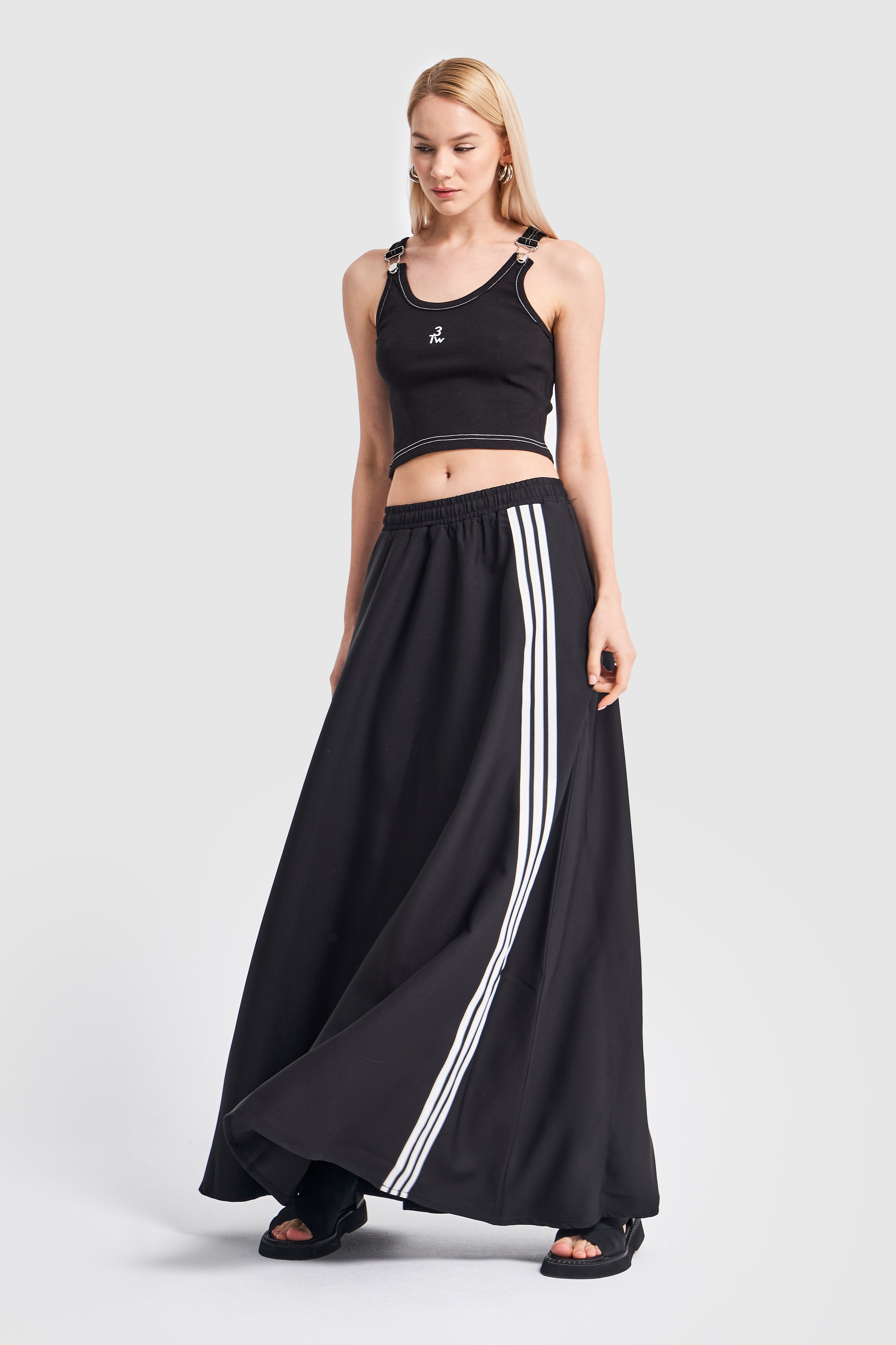 Women's Black Color Stripe Detailed Maxi Length Design Skirt