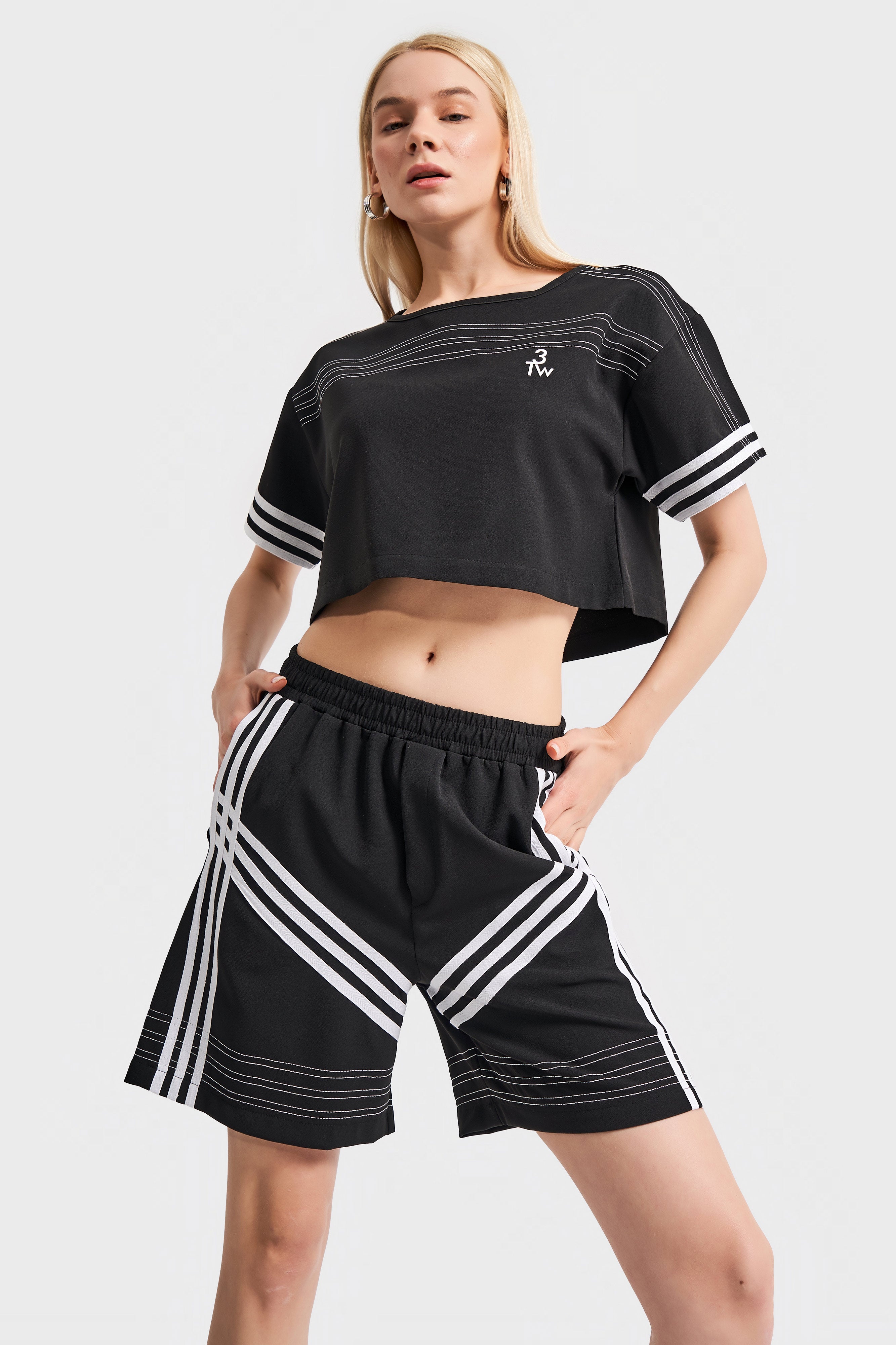 Women's Black Color Stripe Detail Crop Design Top