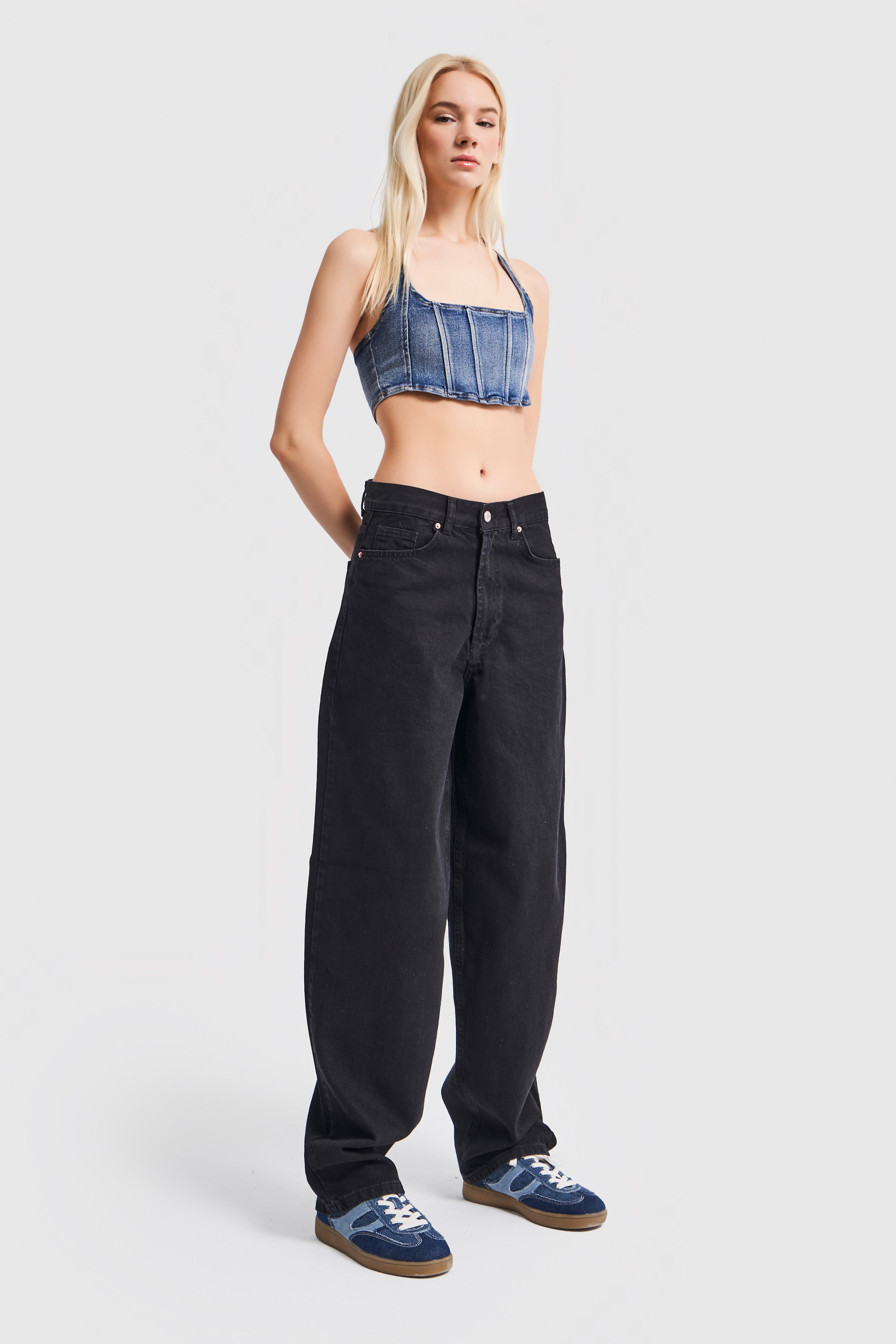 Women's Black Color Skater Fit Loose Denim Trousers