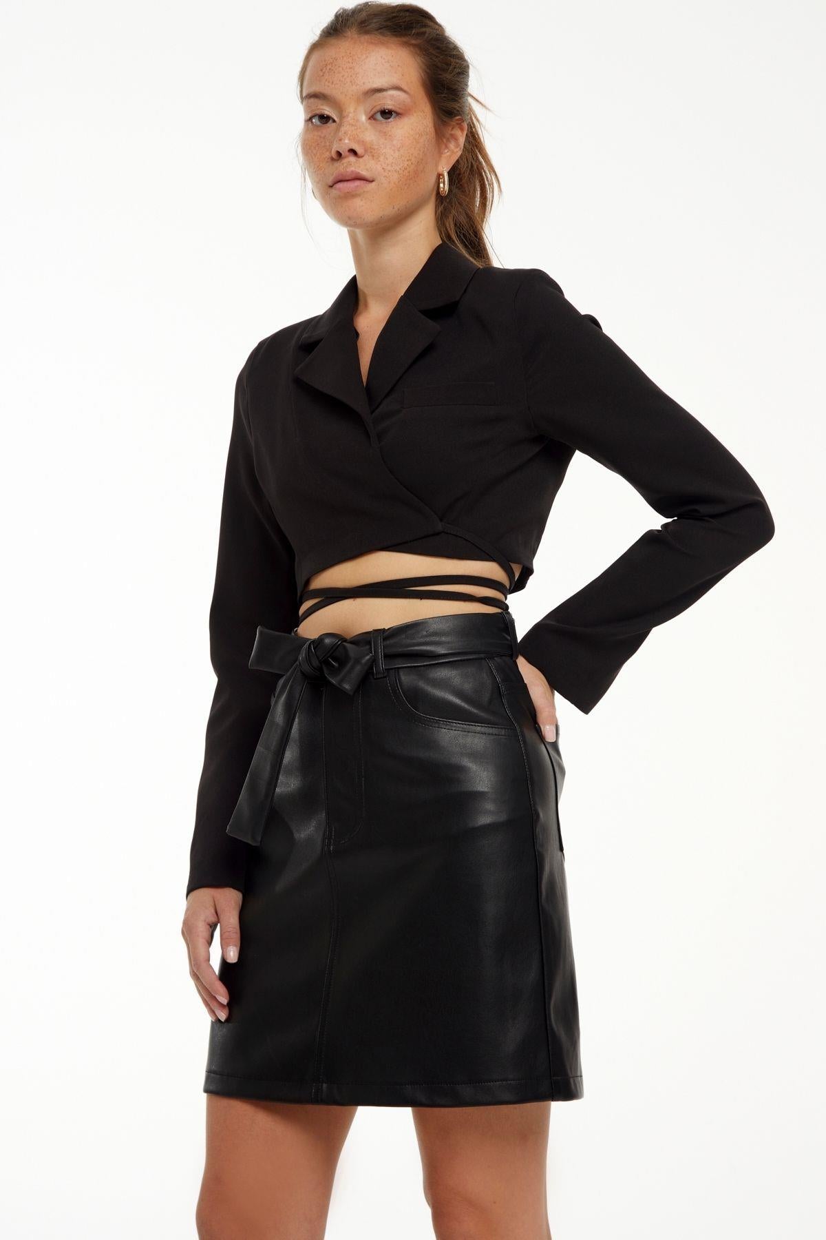 Women's Black Color Faux Leather Velvet Coated High Waist Skirt