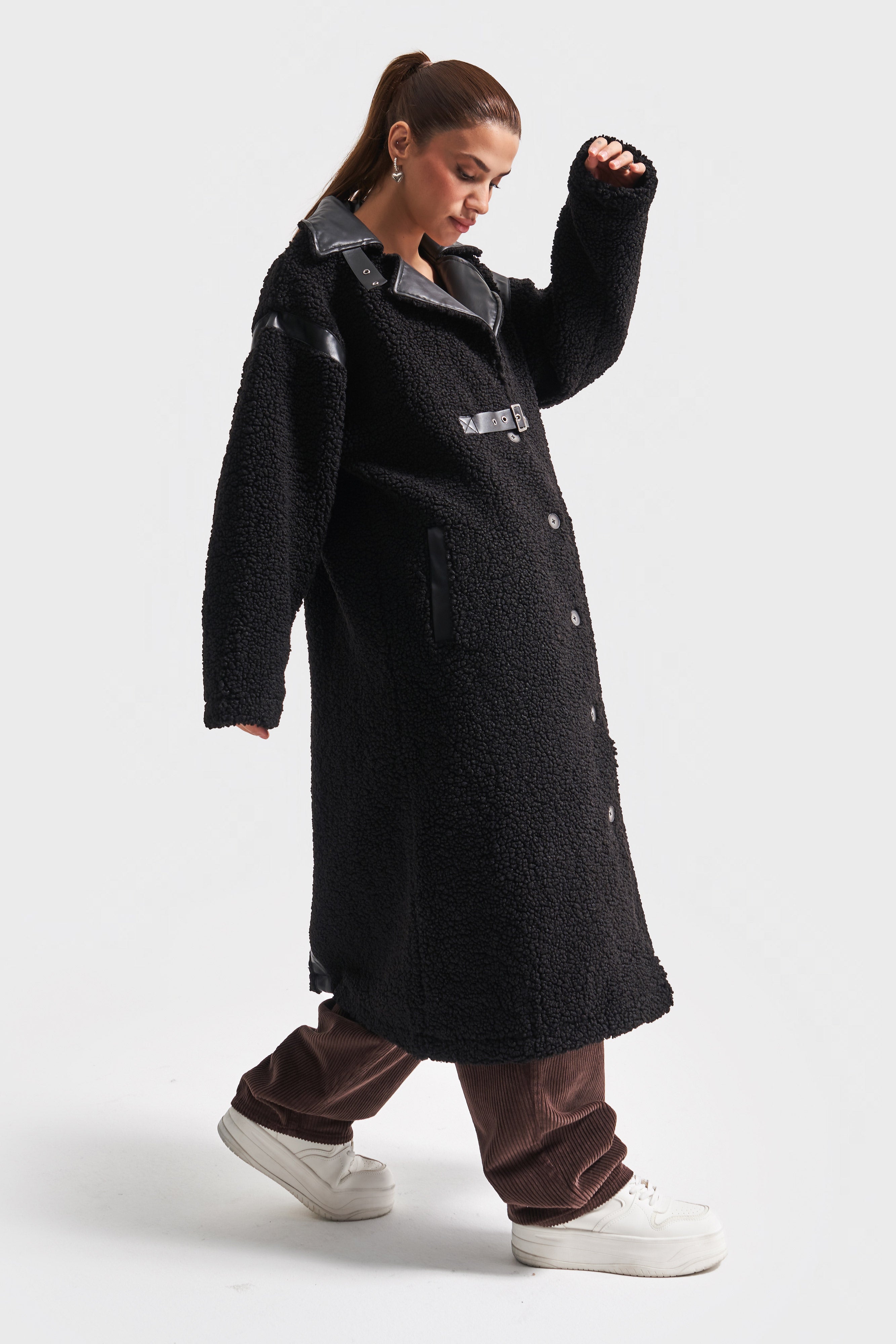 Women's Black Color Teddy Fabric Oversize Loose Cut Design Coat