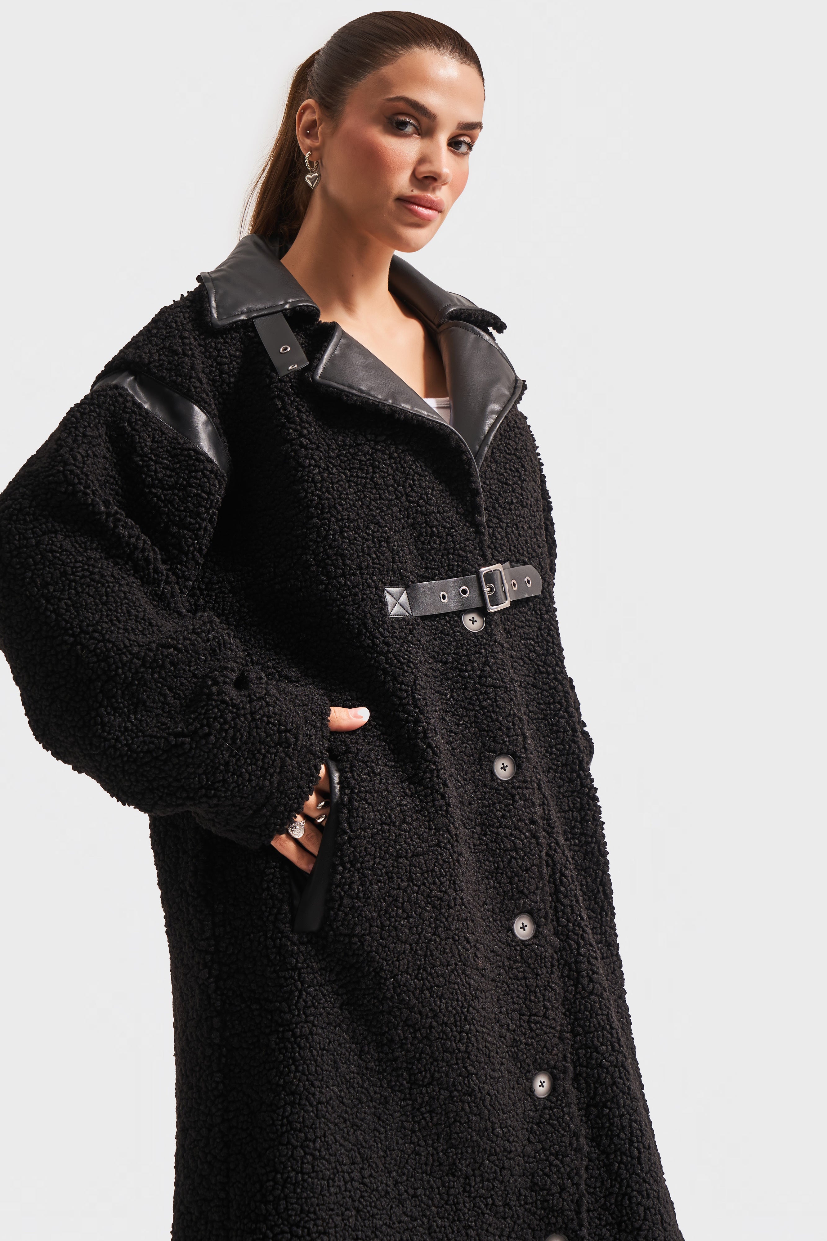 Women's Black Color Teddy Fabric Oversize Loose Cut Design Coat