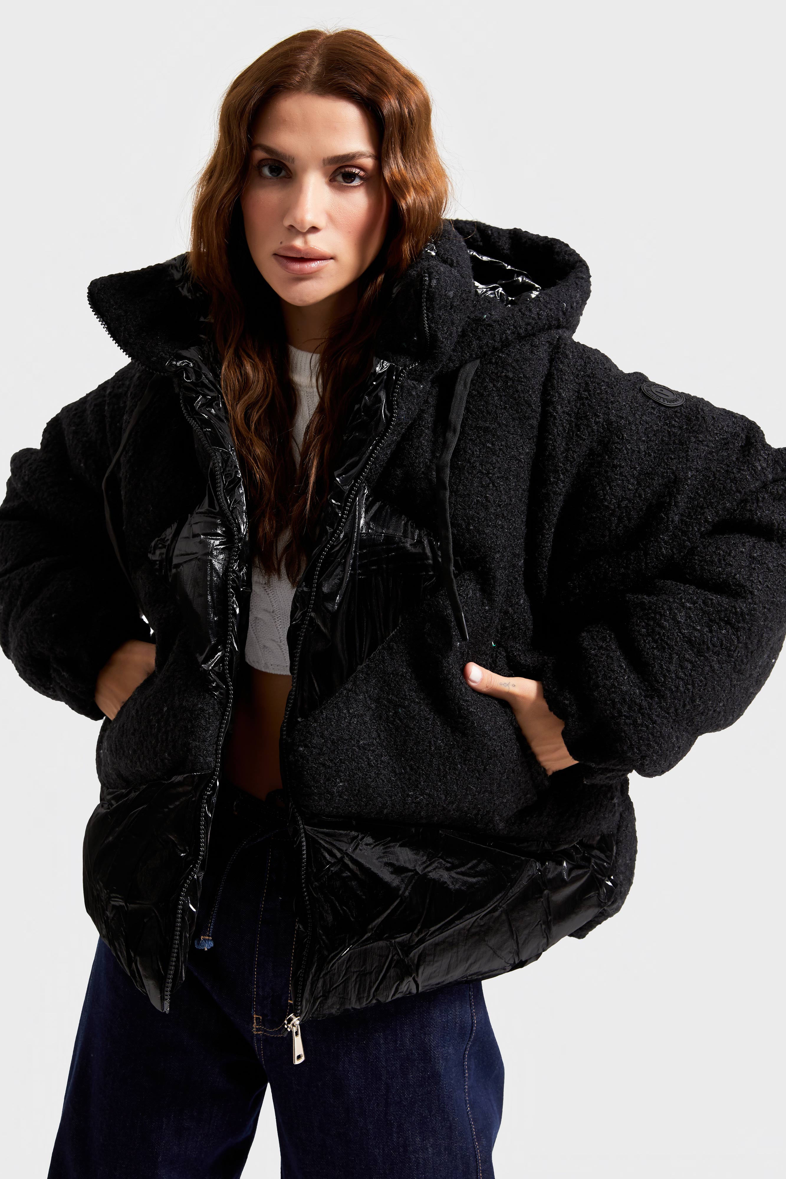 Women's Black Color Tedy Fabric Puffer Jacket