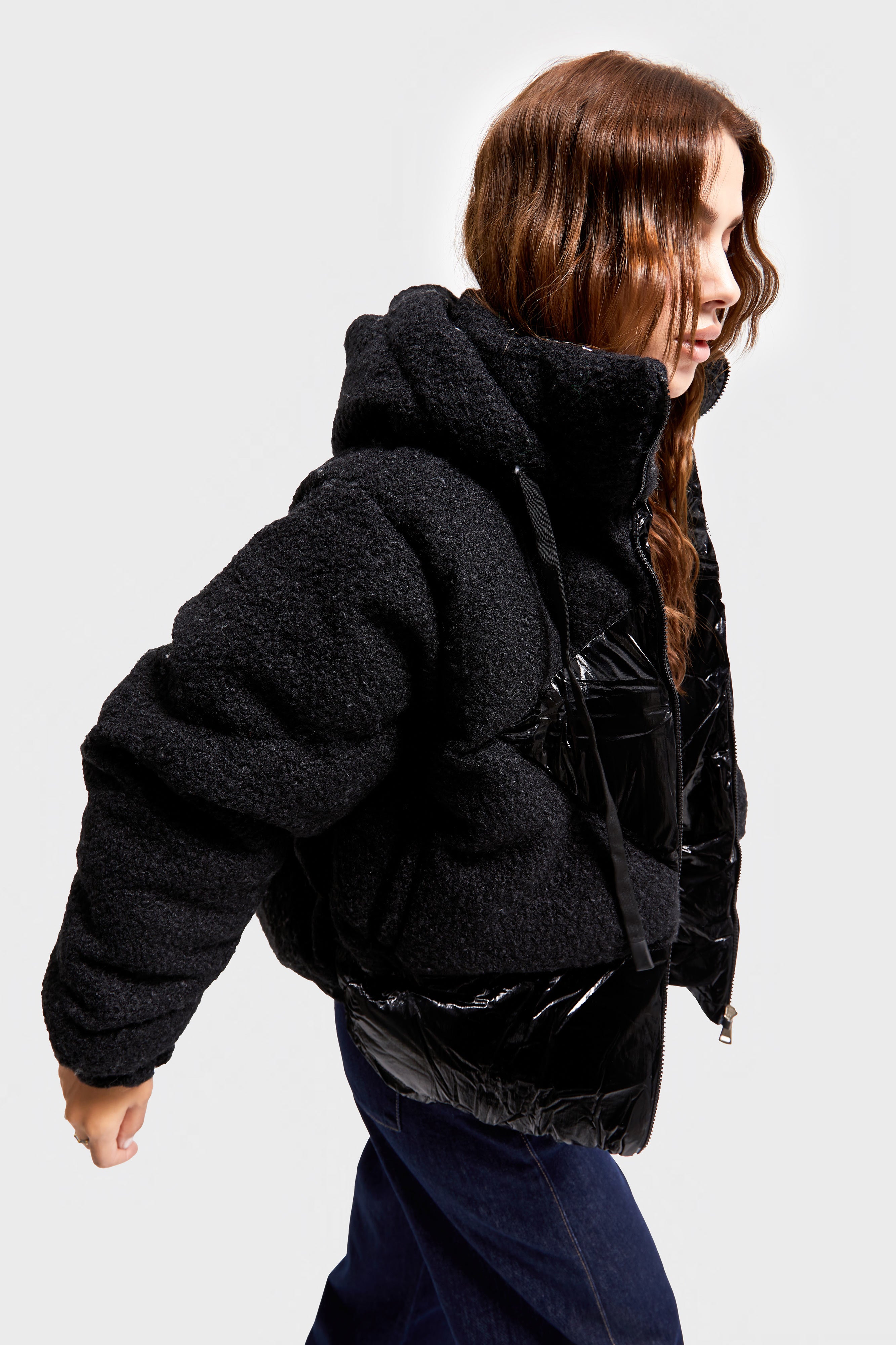 Women's Black Color Tedy Fabric Puffer Jacket