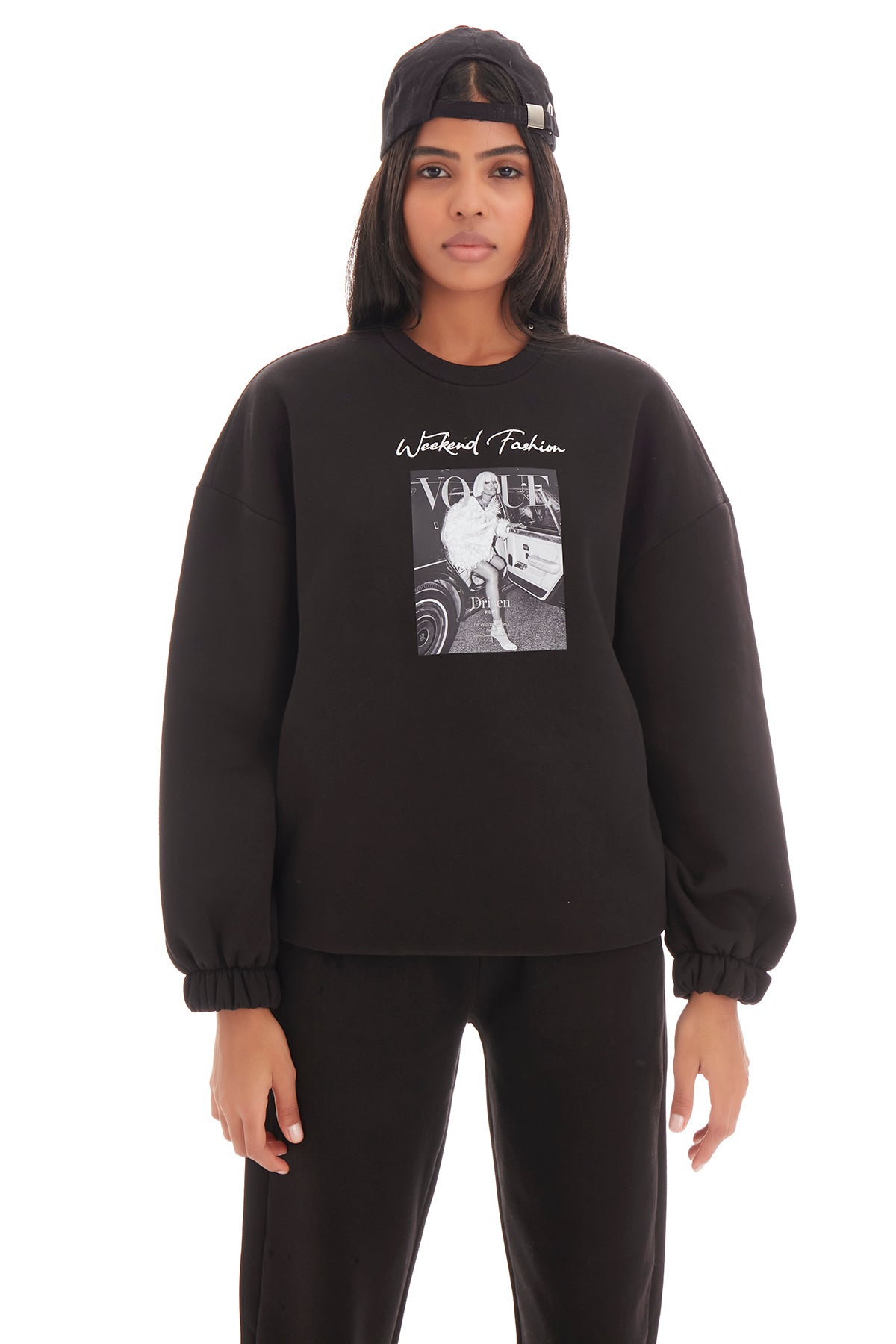 Women's Black Color Three Thread Inside Raised Front Printed Sweatshirt