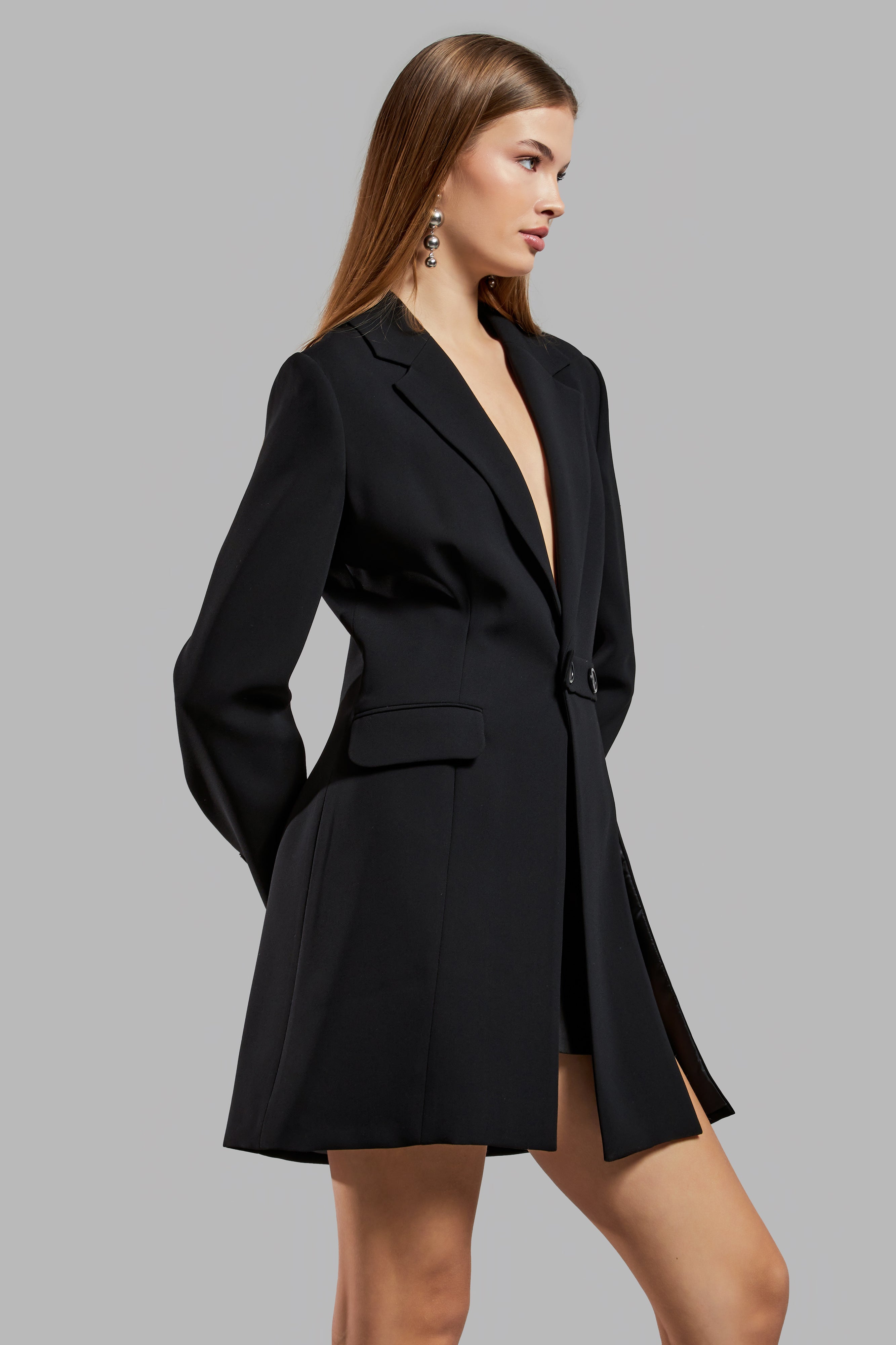 Women's Black Color Long Sleeve Slit Lined Design Jacket Dress