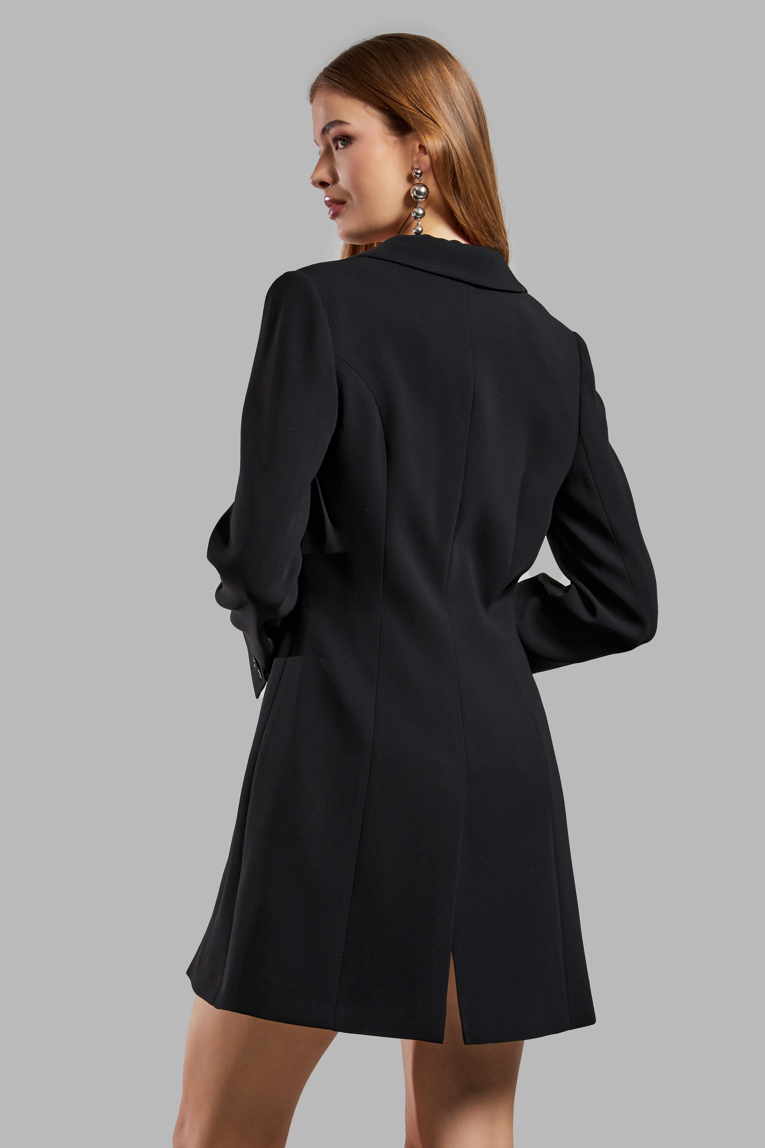 Women's Black Color Long Sleeve Slit Lined Design Jacket Dress