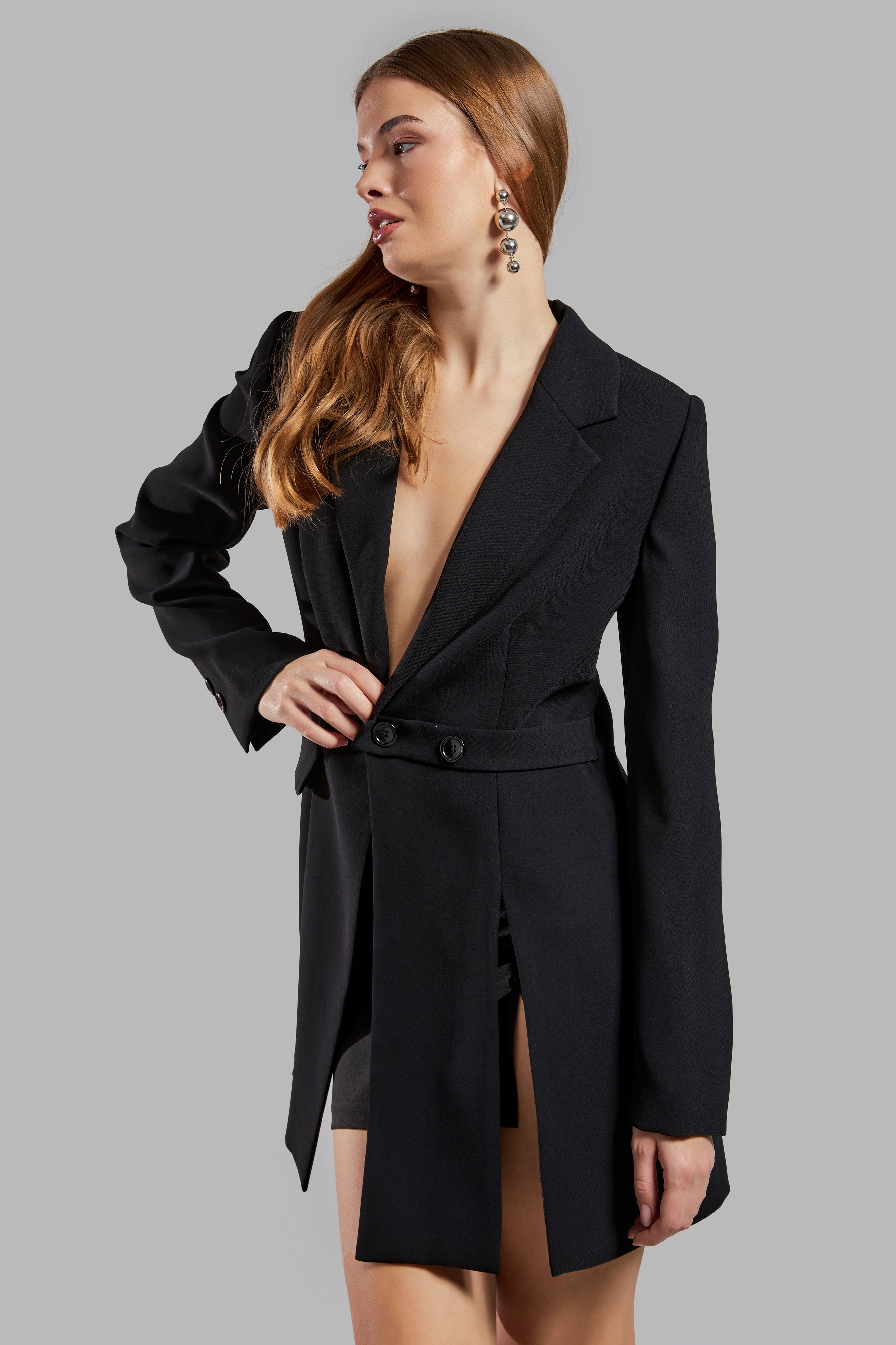 Women's Black Color Long Sleeve Slit Lined Design Jacket Dress