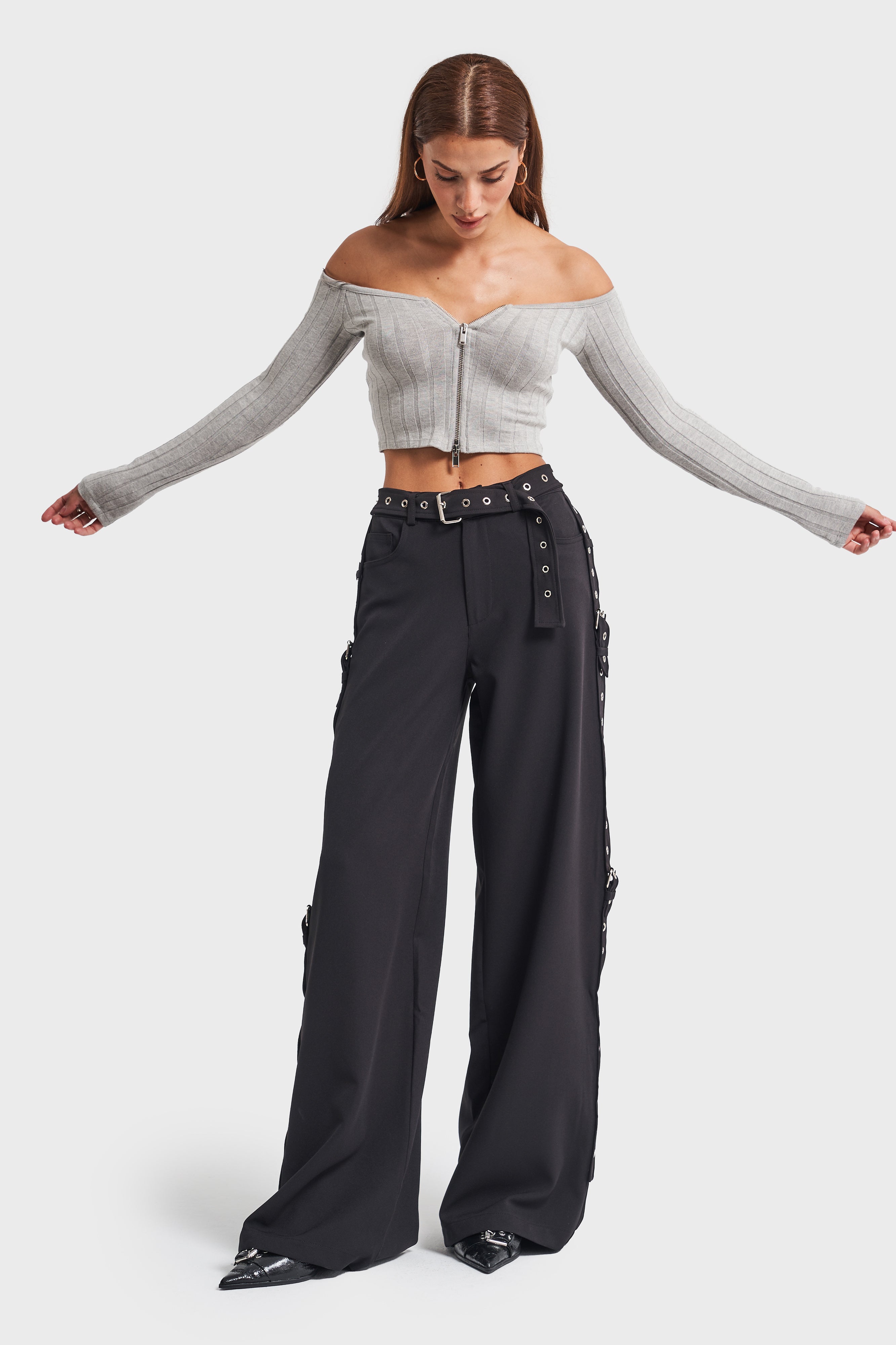 Women's Black Color Side and Belt Detailed Flexible Fabric Design Trousers