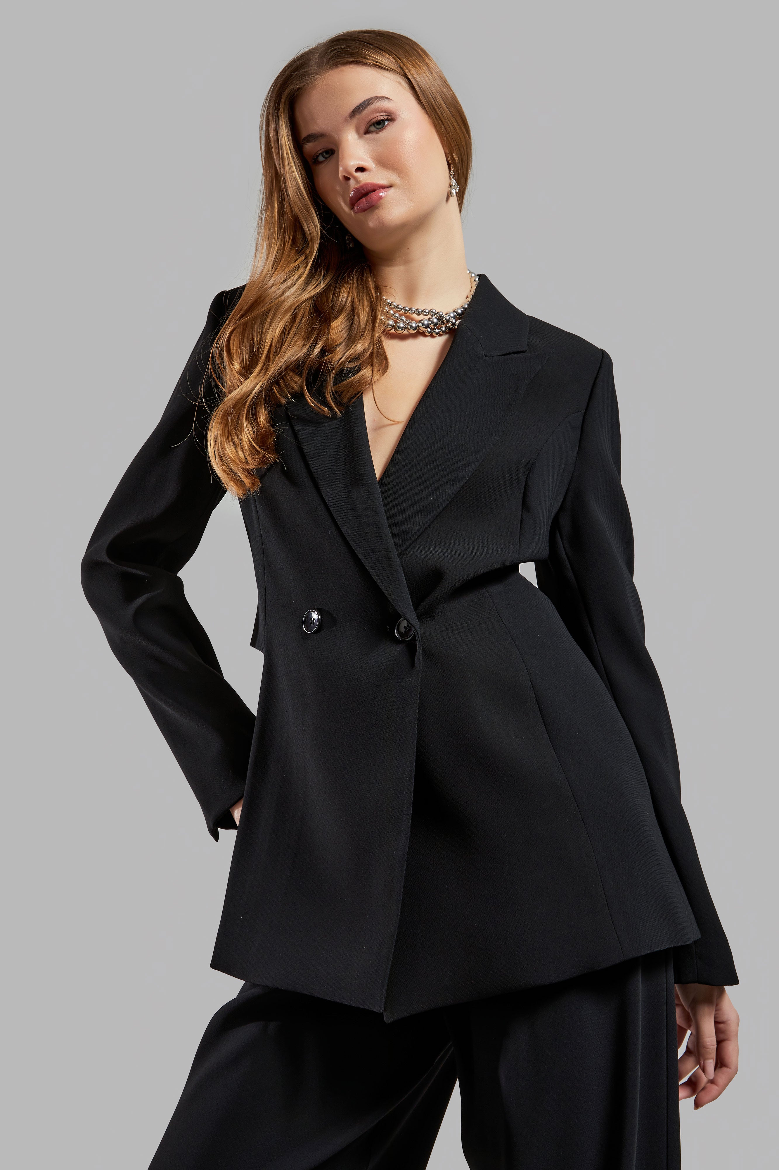 Women's Black Color Side Slit Lined Design Blazer Jacket