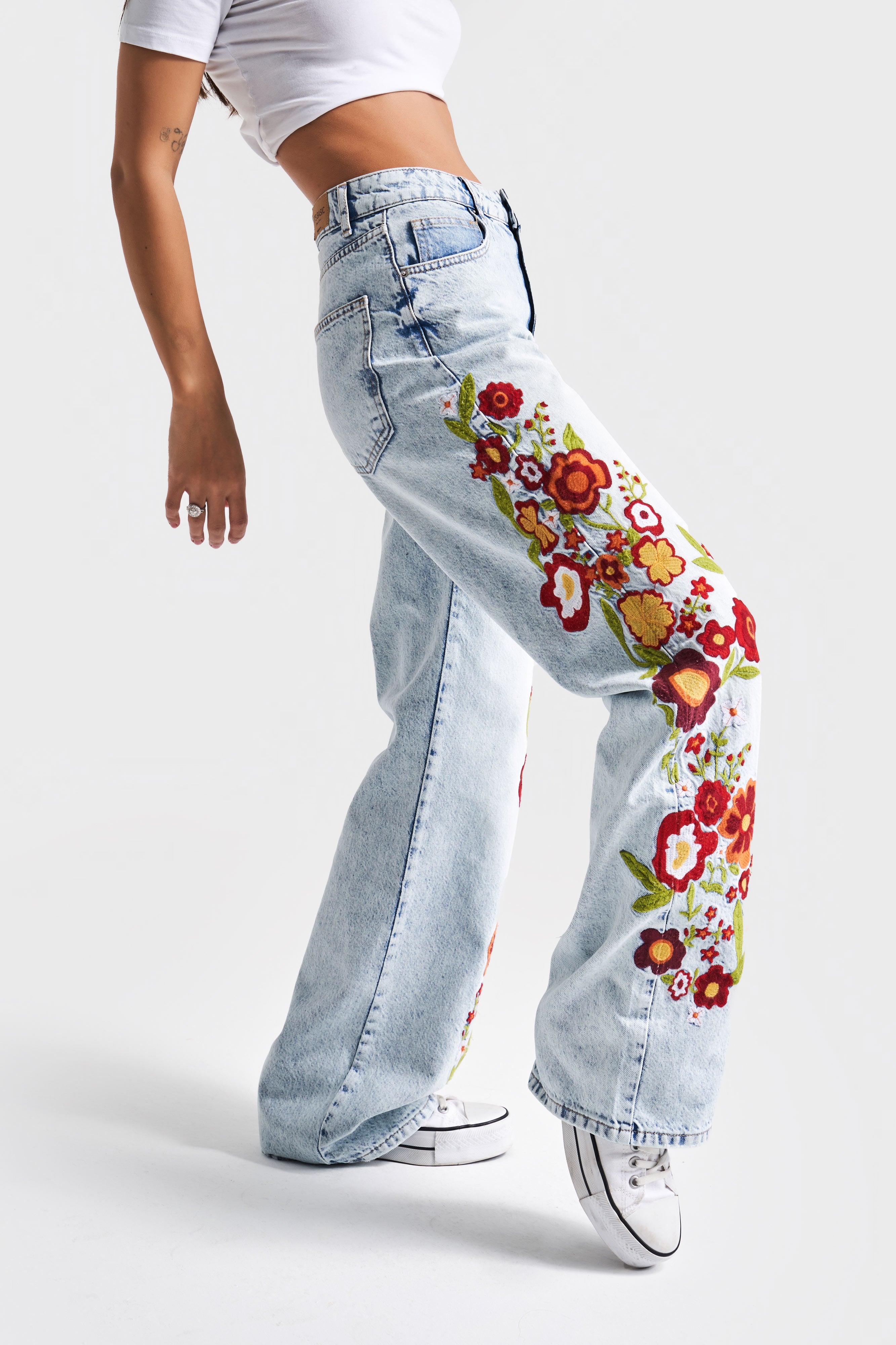 Women's Snow Jeans Color 4S5-27 Floral Embroidered Loose Fit Mid Waist 100% Cotton Denim Jean