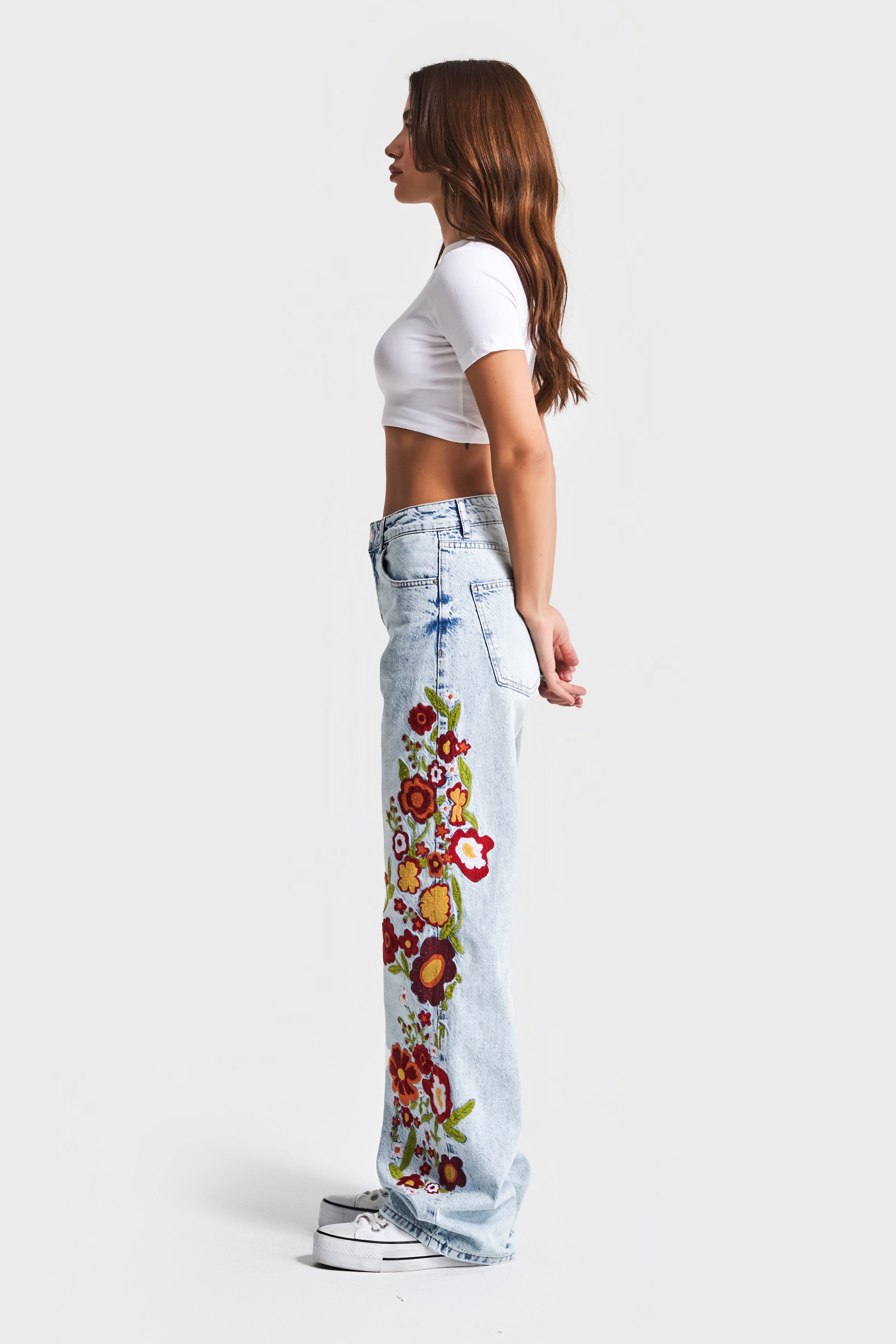 Women's Snow Jeans Color 4S5-27 Floral Embroidered Loose Fit Mid Waist 100% Cotton Denim Jean