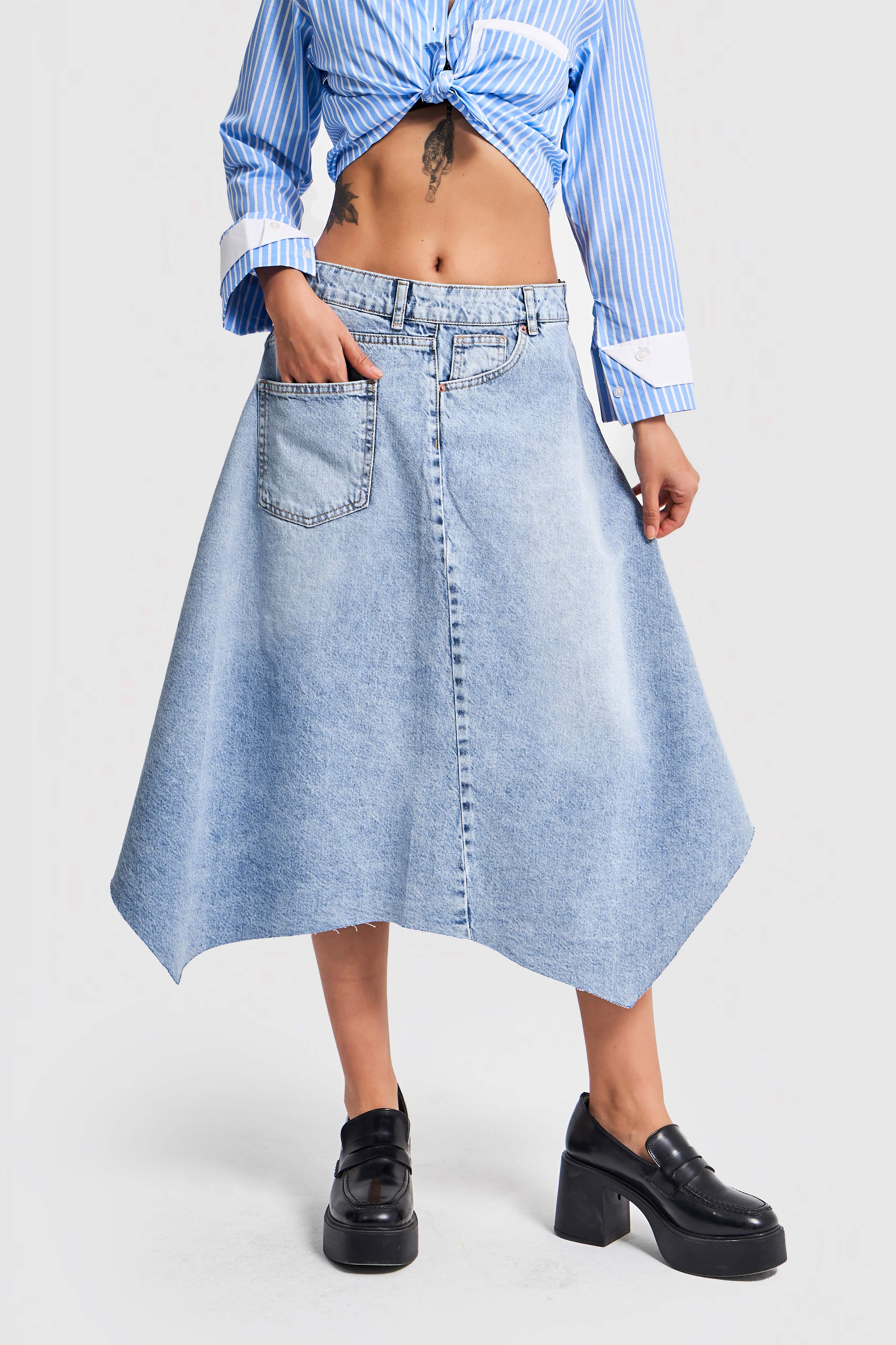 Women's Snow Denim Color Asymmetrical Cut Bell Denim Skirt