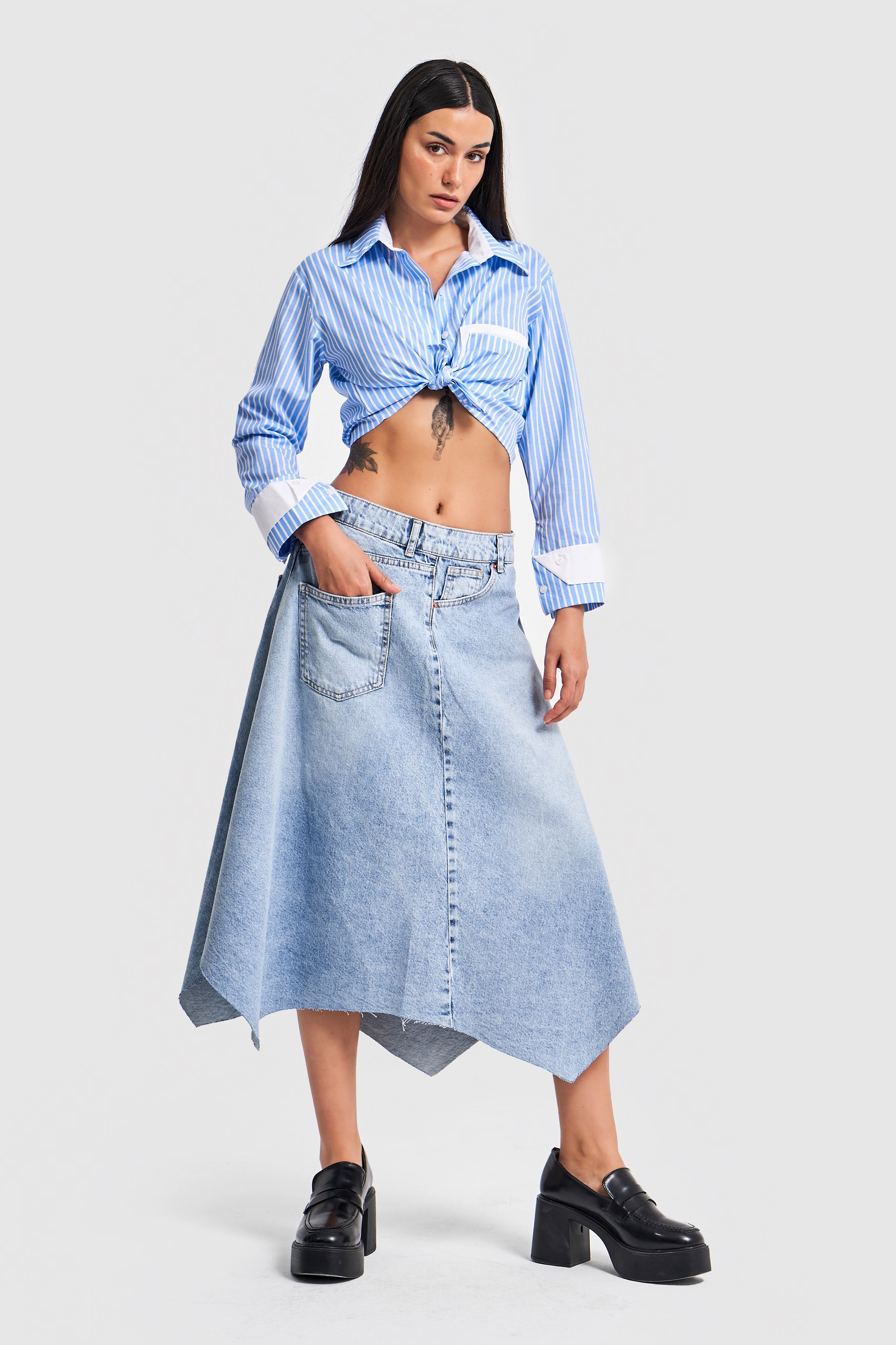 Women's Snow Denim Color Asymmetrical Cut Bell Denim Skirt