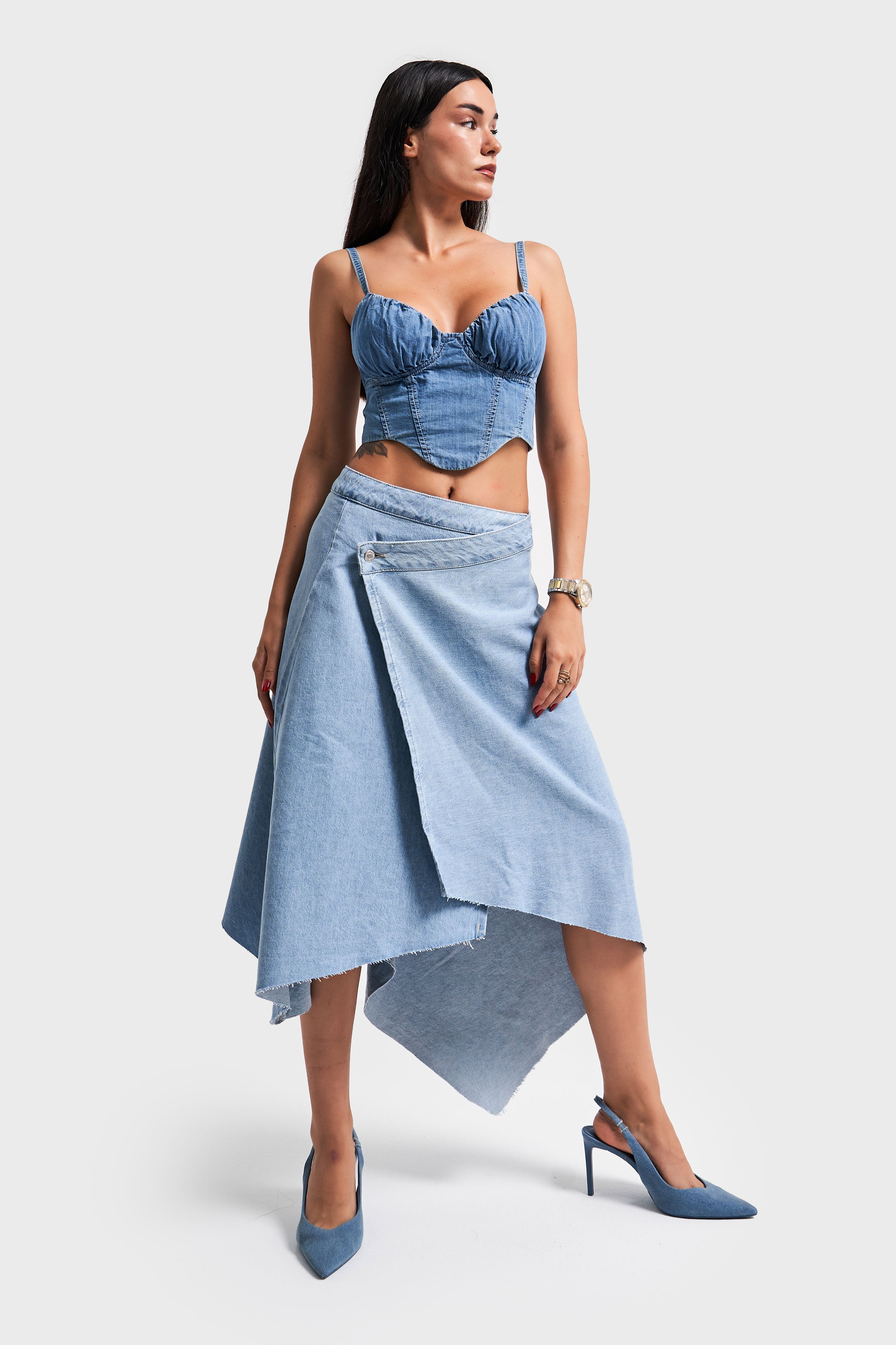 Women Snow Jeans Color Asymmetrical Cut Design Denim Skirt