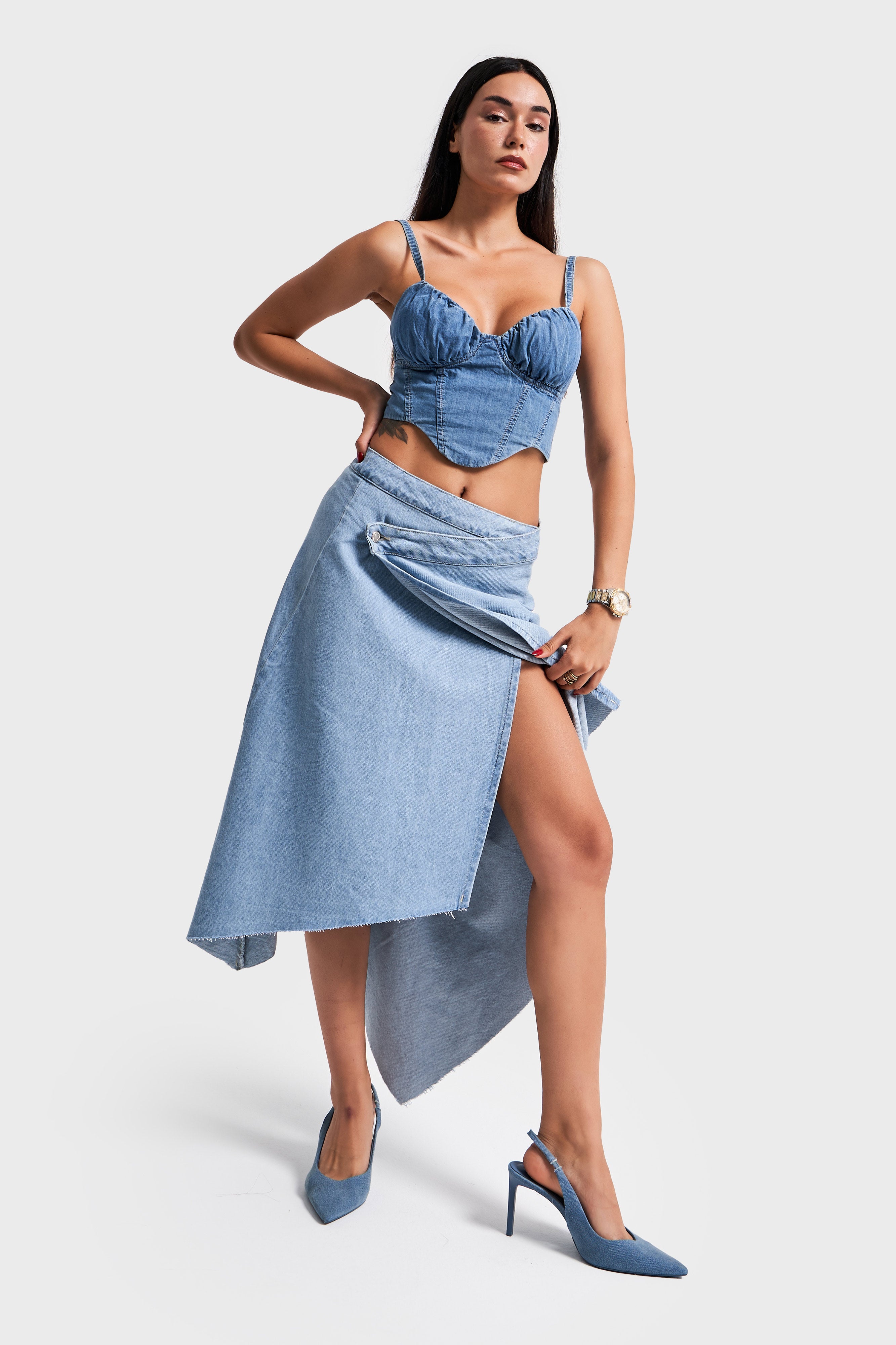 Women Snow Jeans Color Asymmetrical Cut Design Denim Skirt