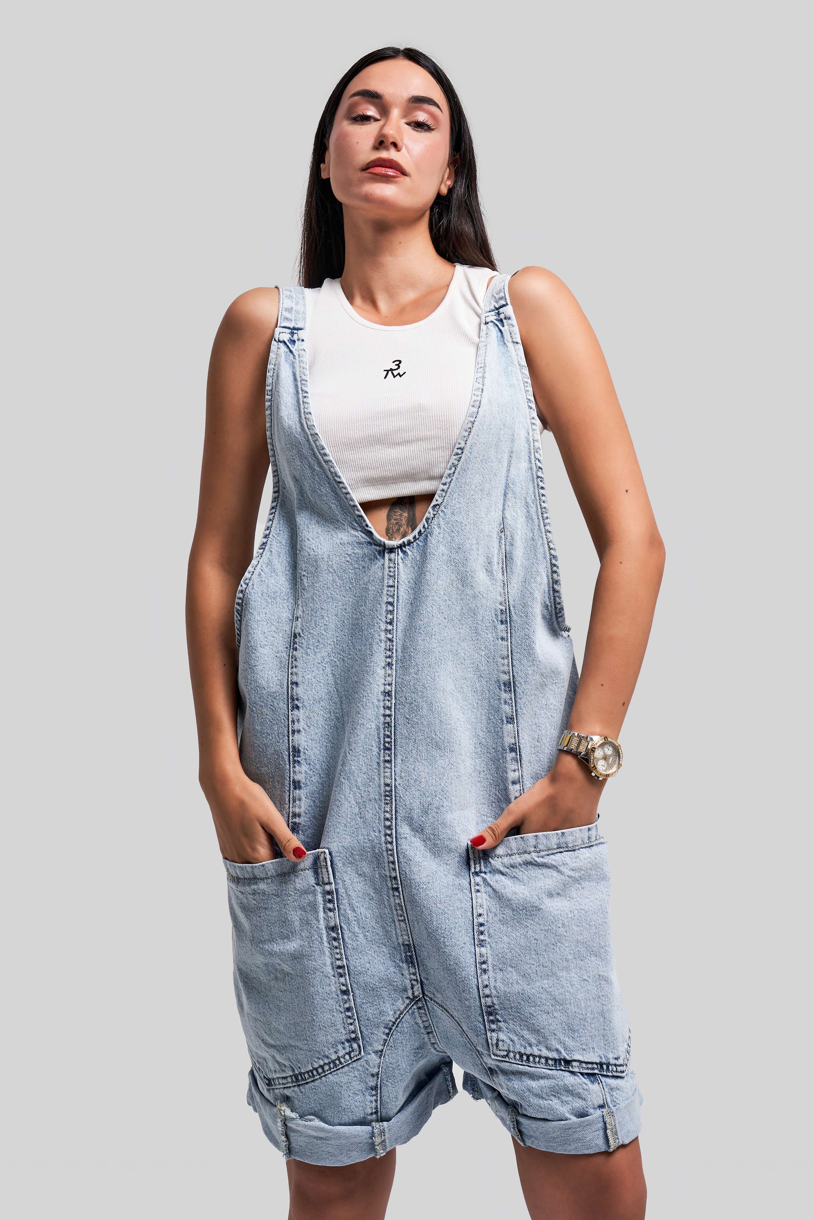 Women's Snow Jeans Color Loose Cut Strappy Denim Overalls Slopet