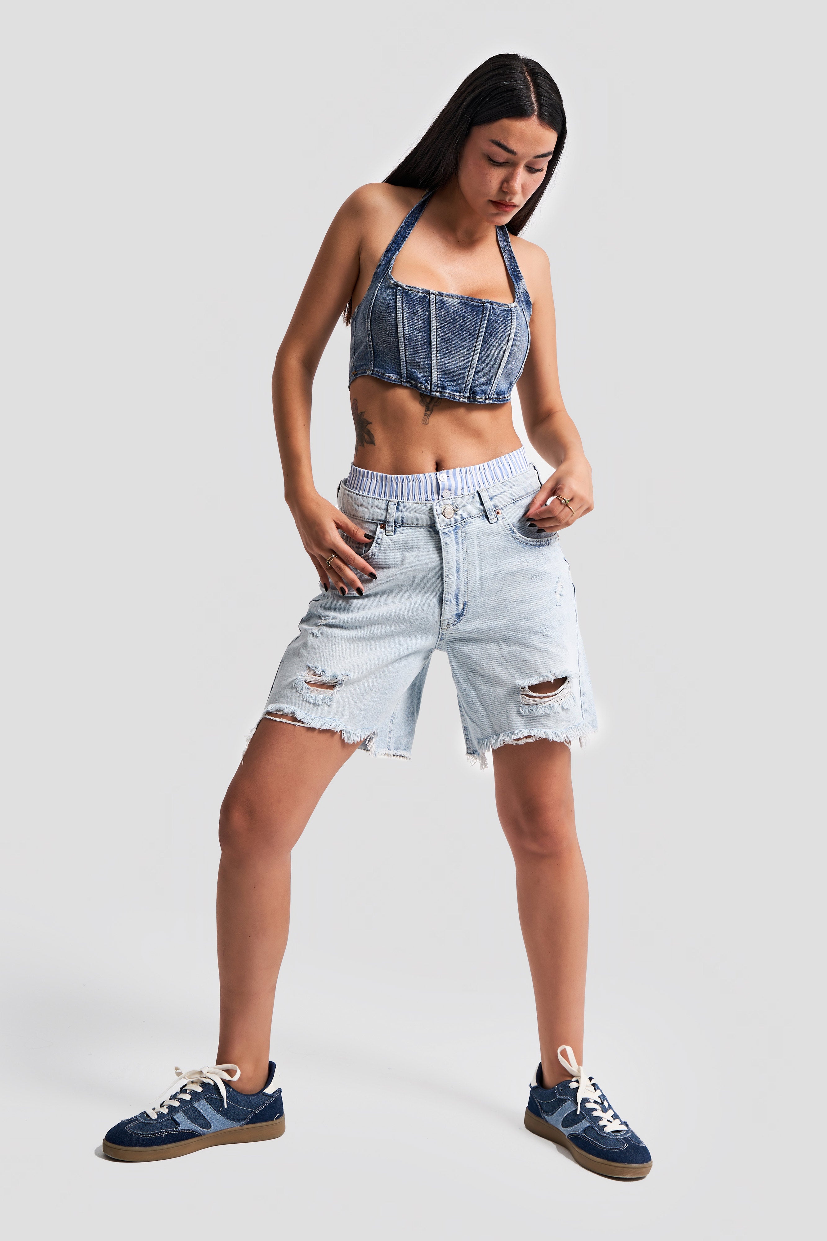 Women's Snow Jeans Color Boxer Detail Straight Fit Denim Shorts