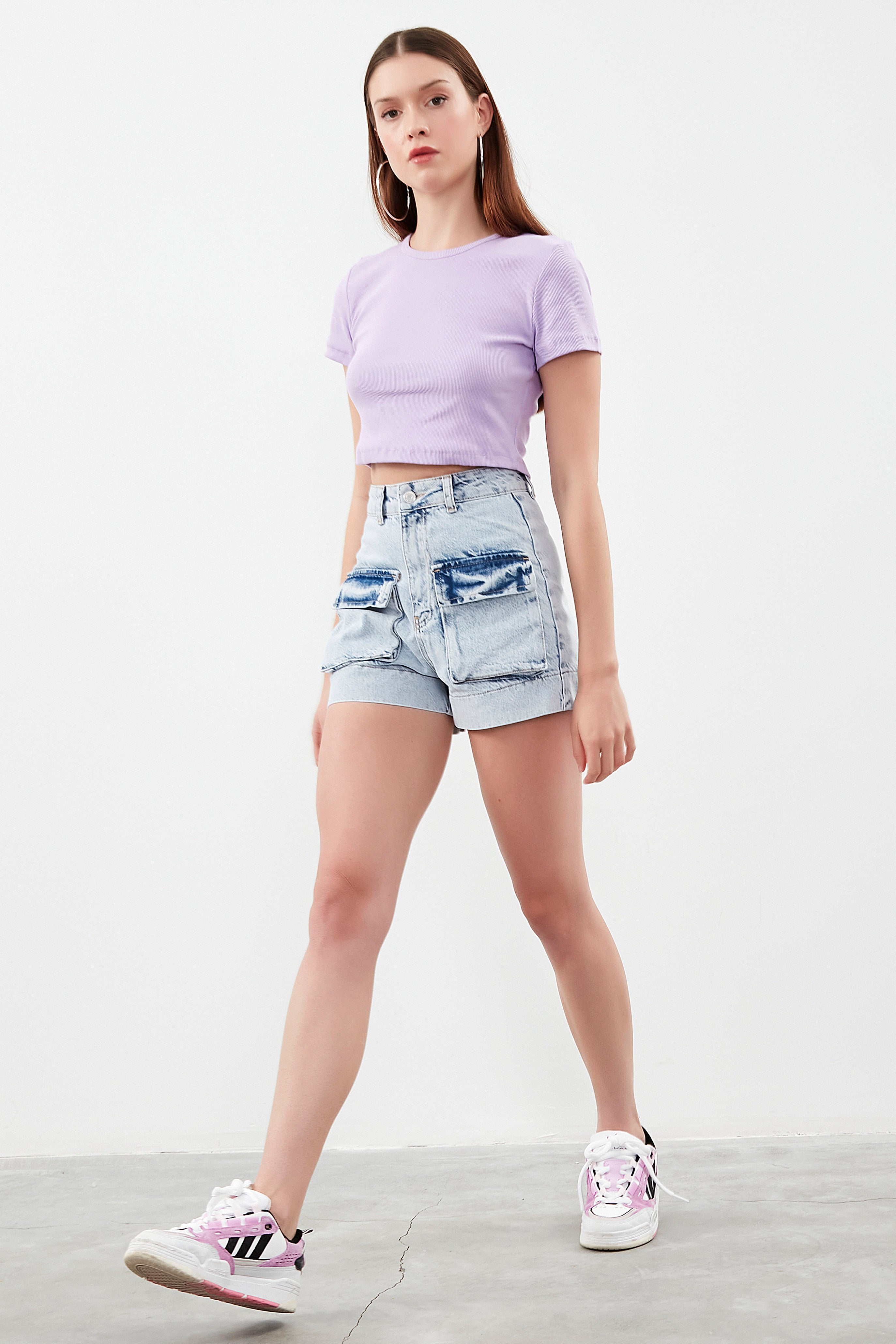 Women's Snow Jeans Color Cargo Pocket Denim Shorts