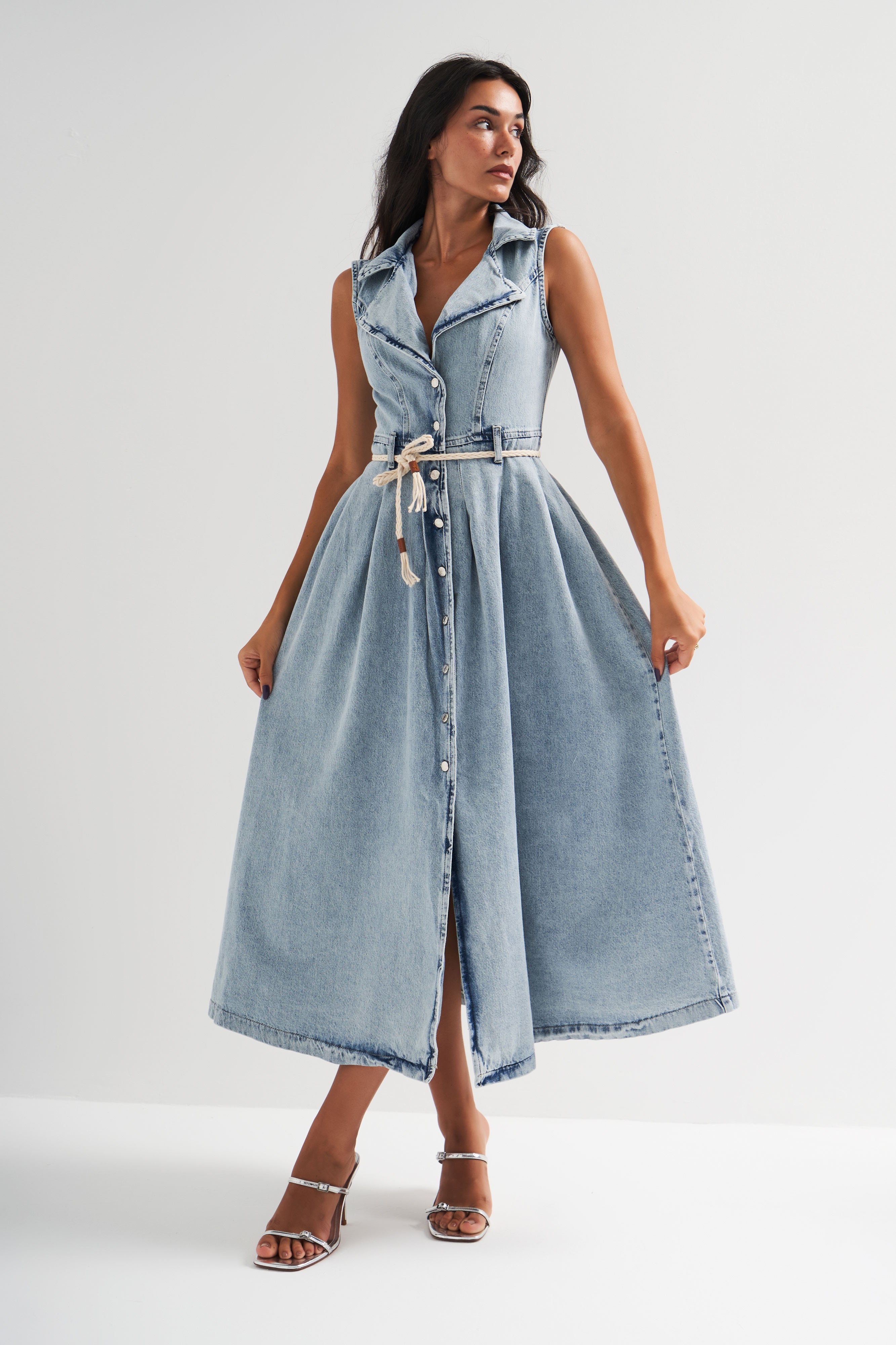 Women's Snow Denim Color Belt Detailed Maxi A Type Denim Dress