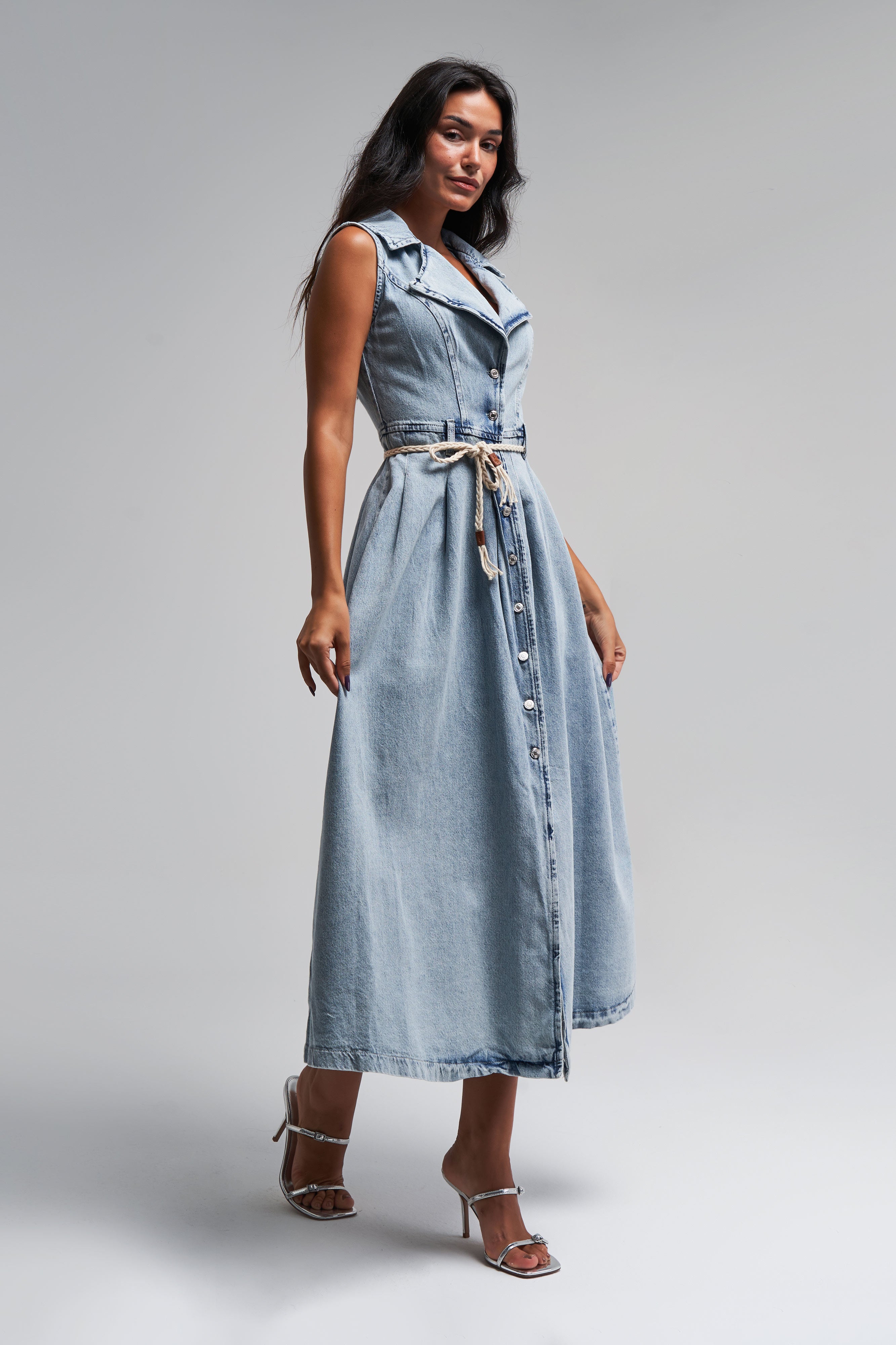 Women's Snow Denim Color Belt Detailed Maxi A Type Denim Dress