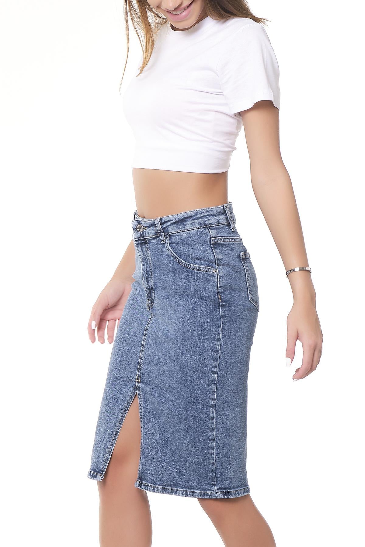 Women Snow Denim Color Midi Length High Waist Slit Jean Skirt