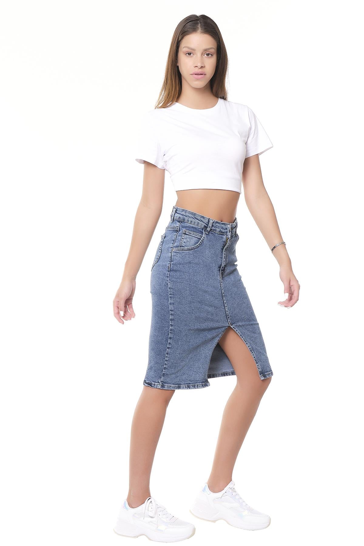 Women Snow Denim Color Midi Length High Waist Slit Jean Skirt