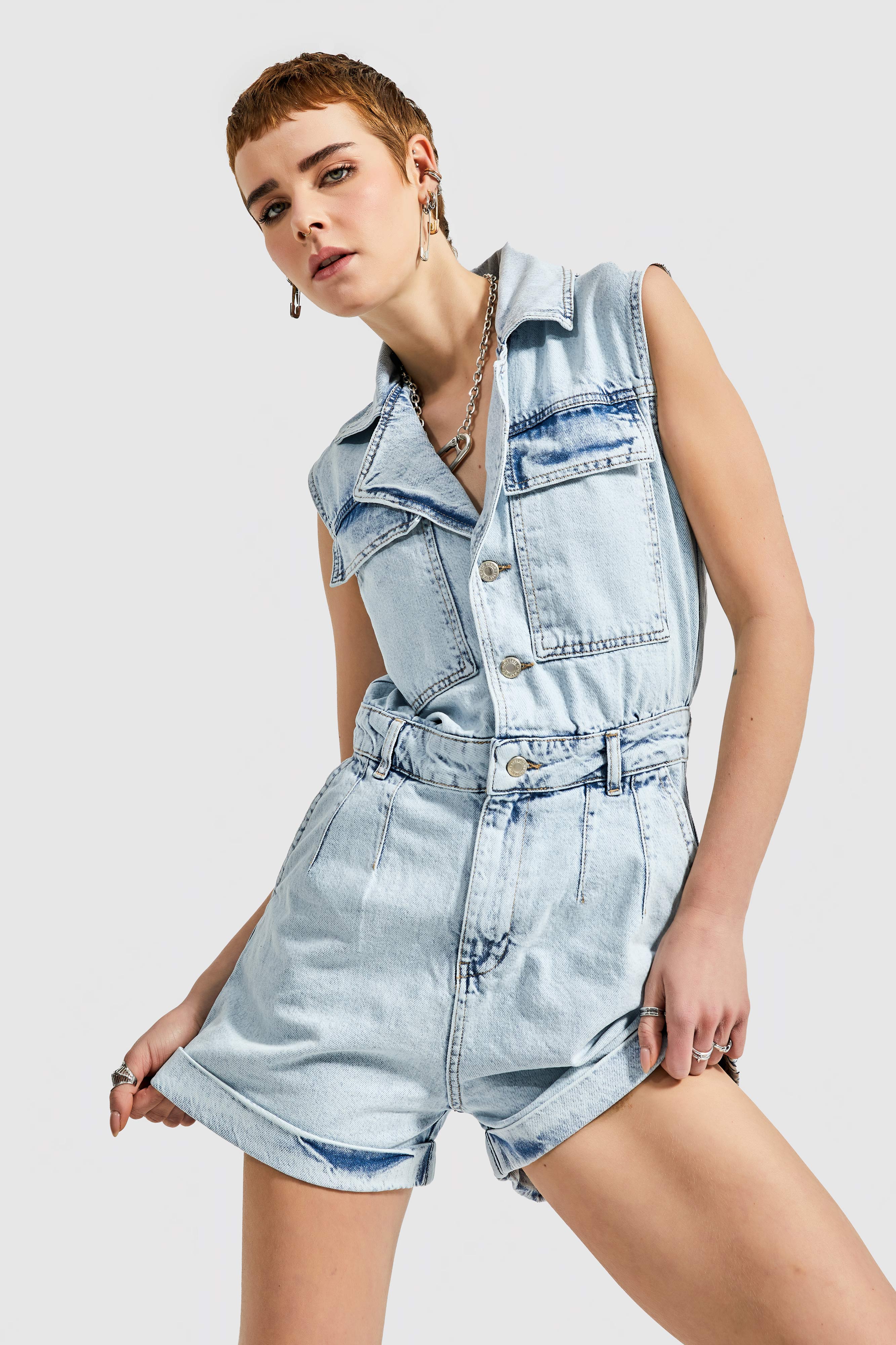 Women's Snow Jeans Color Front Buttoned Loose Cut Denim Shorts Overalls