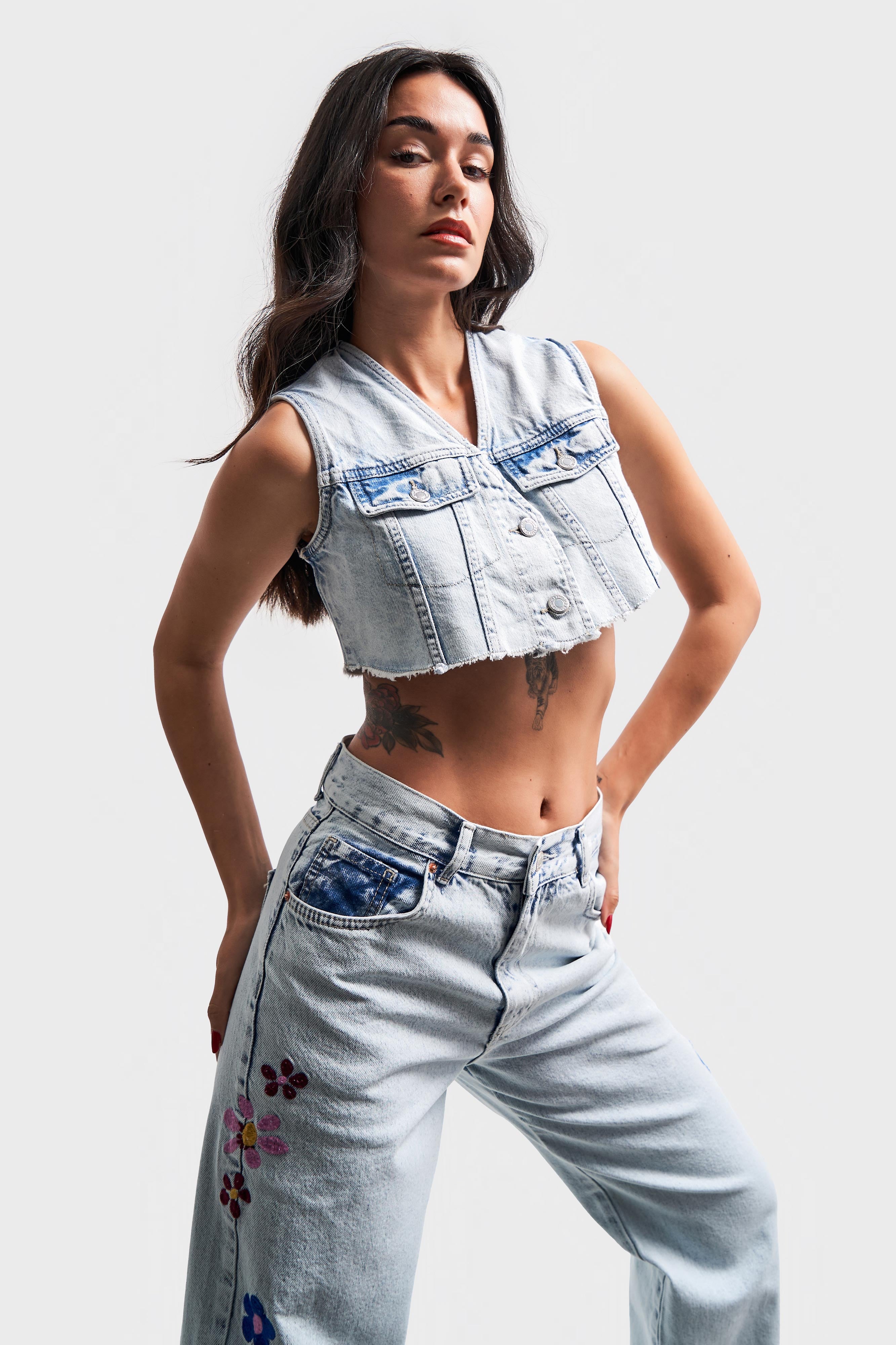 Kadın Snow Kot Rengi Önü Düğmeli Crop Denim Yelek