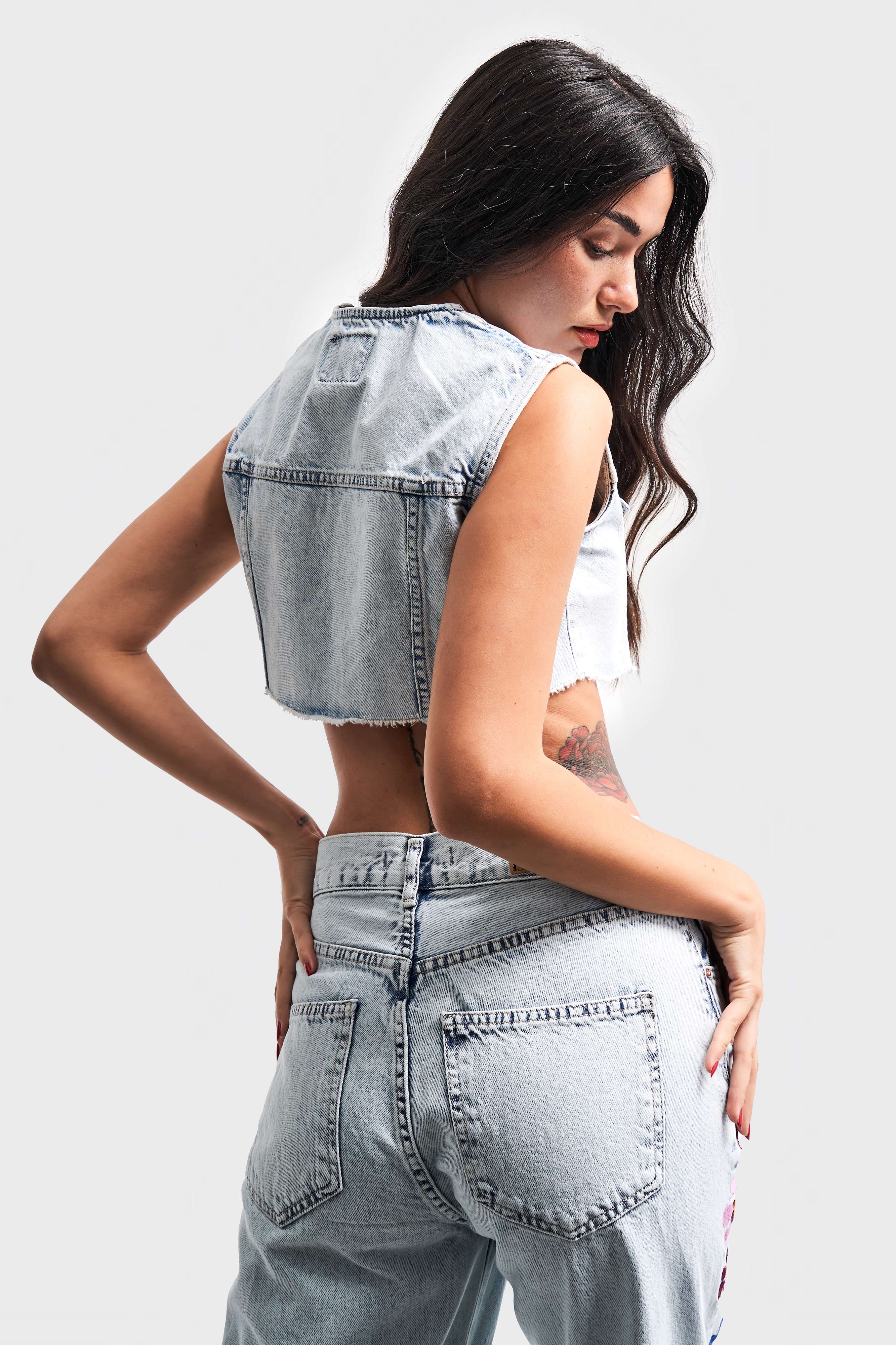 Women's Snow Denim Color Front Button Crop Denim Vest