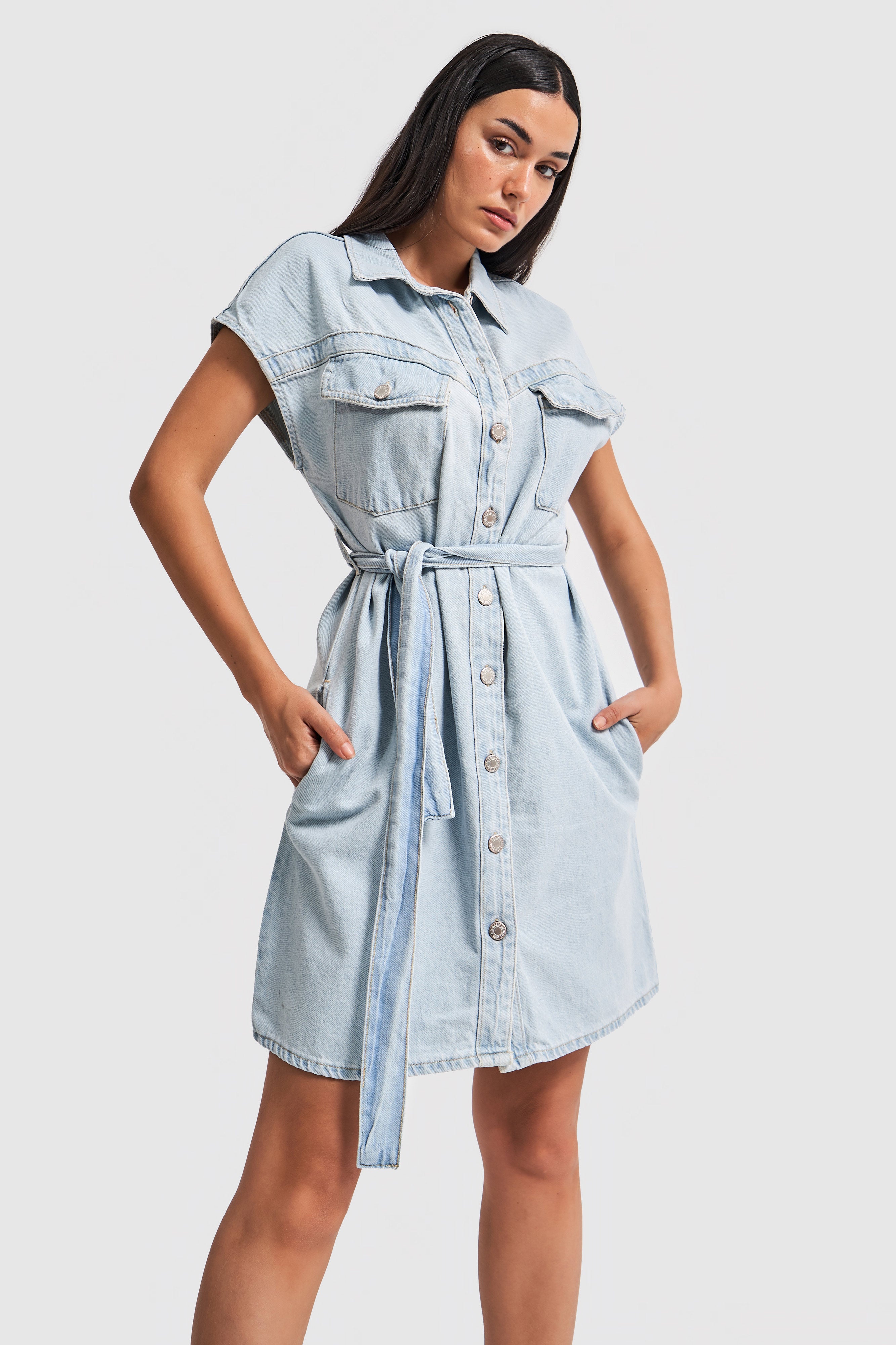 Women's Snow Denim Color Front Button Belt Detailed Mini Denim Dress