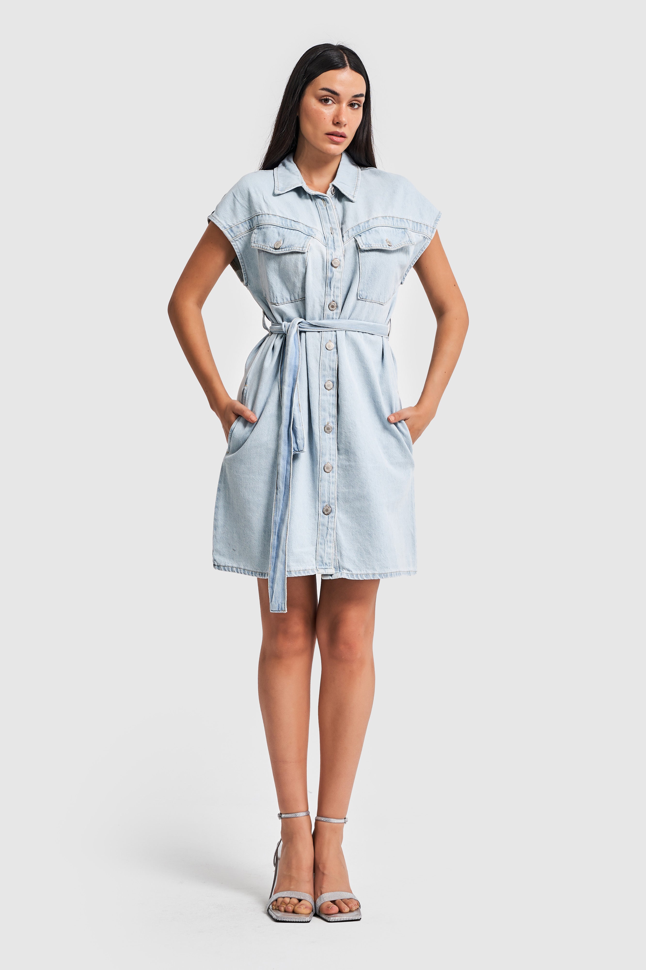 Women's Snow Denim Color Front Button Belt Detailed Mini Denim Dress