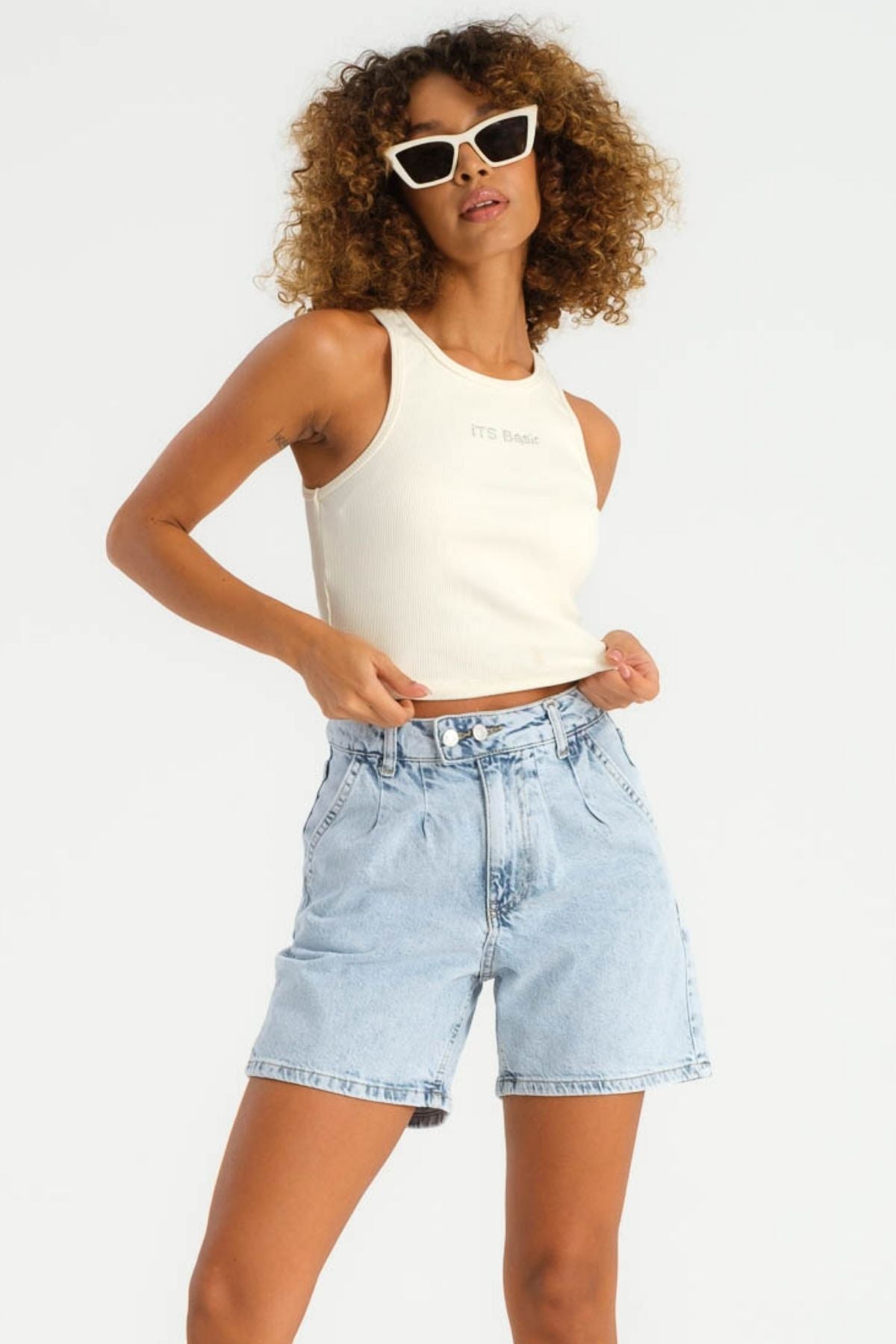 Women's Snow Denim Color Pleated Front Double Button High Waist Shorts